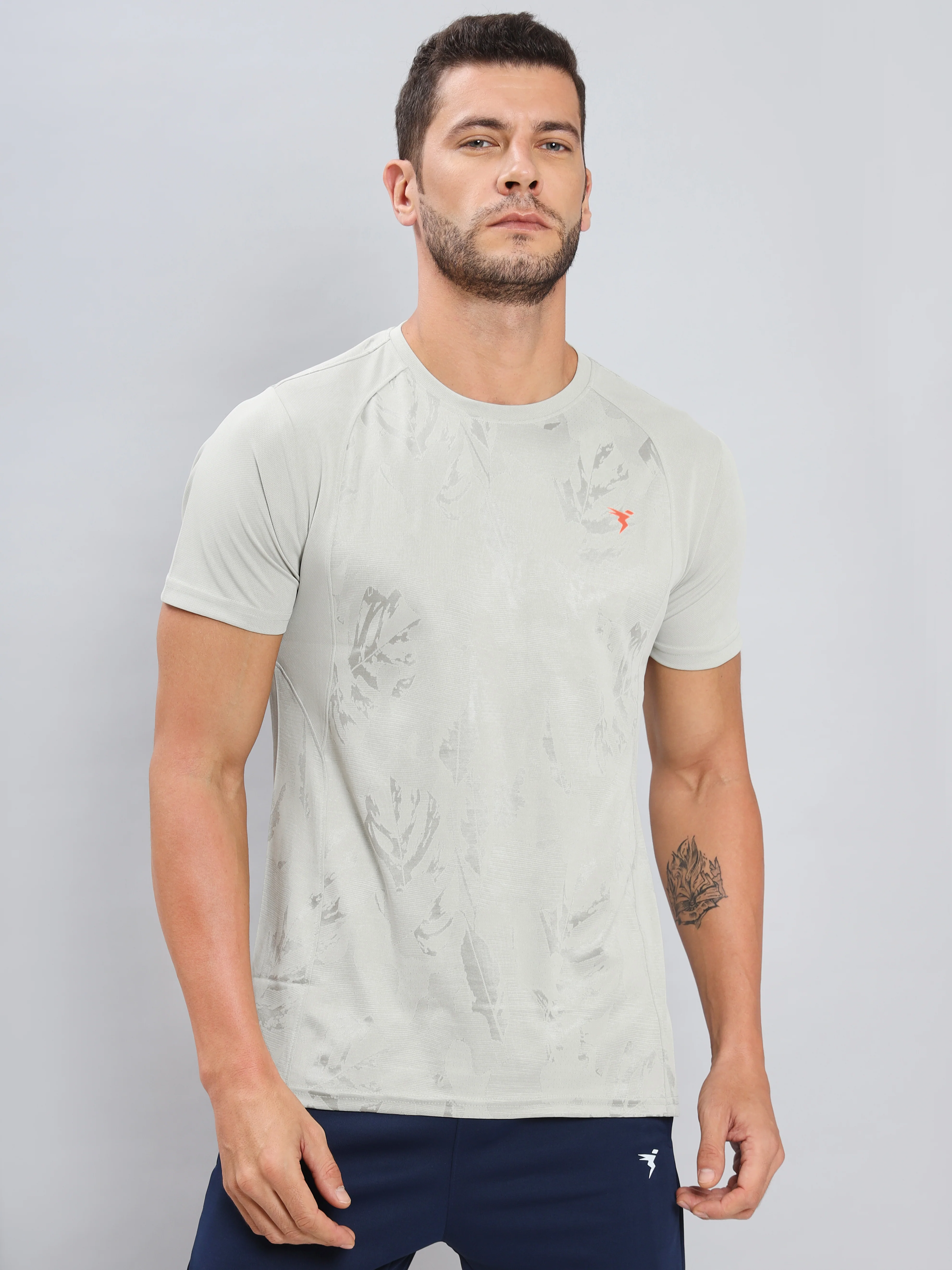 Men Self Design Slim Fit Crew Neck T-shirt with DOUBLE COOL