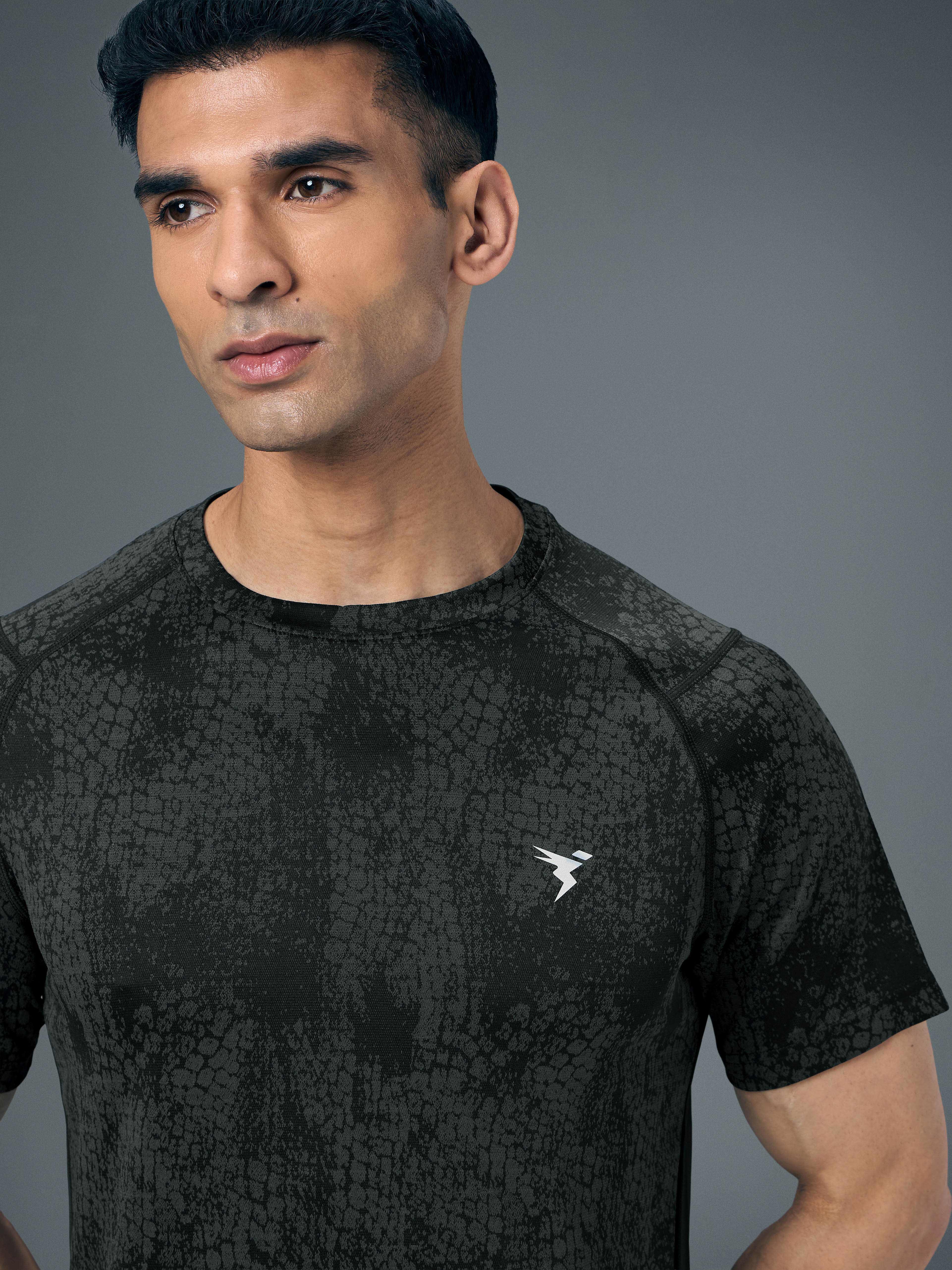 Men Self Design Slim Fit Crew Neck T-shirt with DOUBLE COOL - Image 5