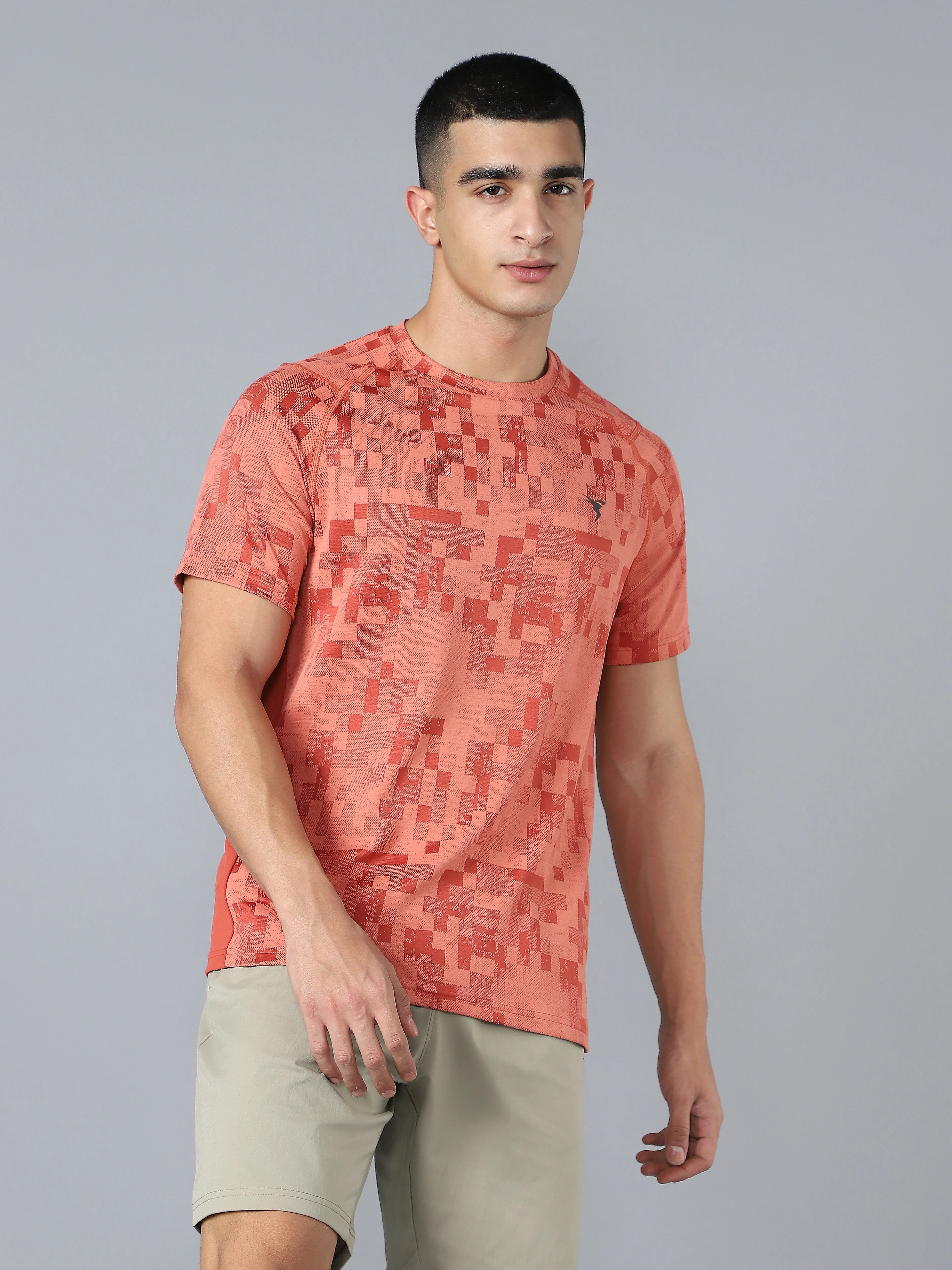 Men Self Design Slim Fit Crew Neck T-shirt with DOUBLE COOL