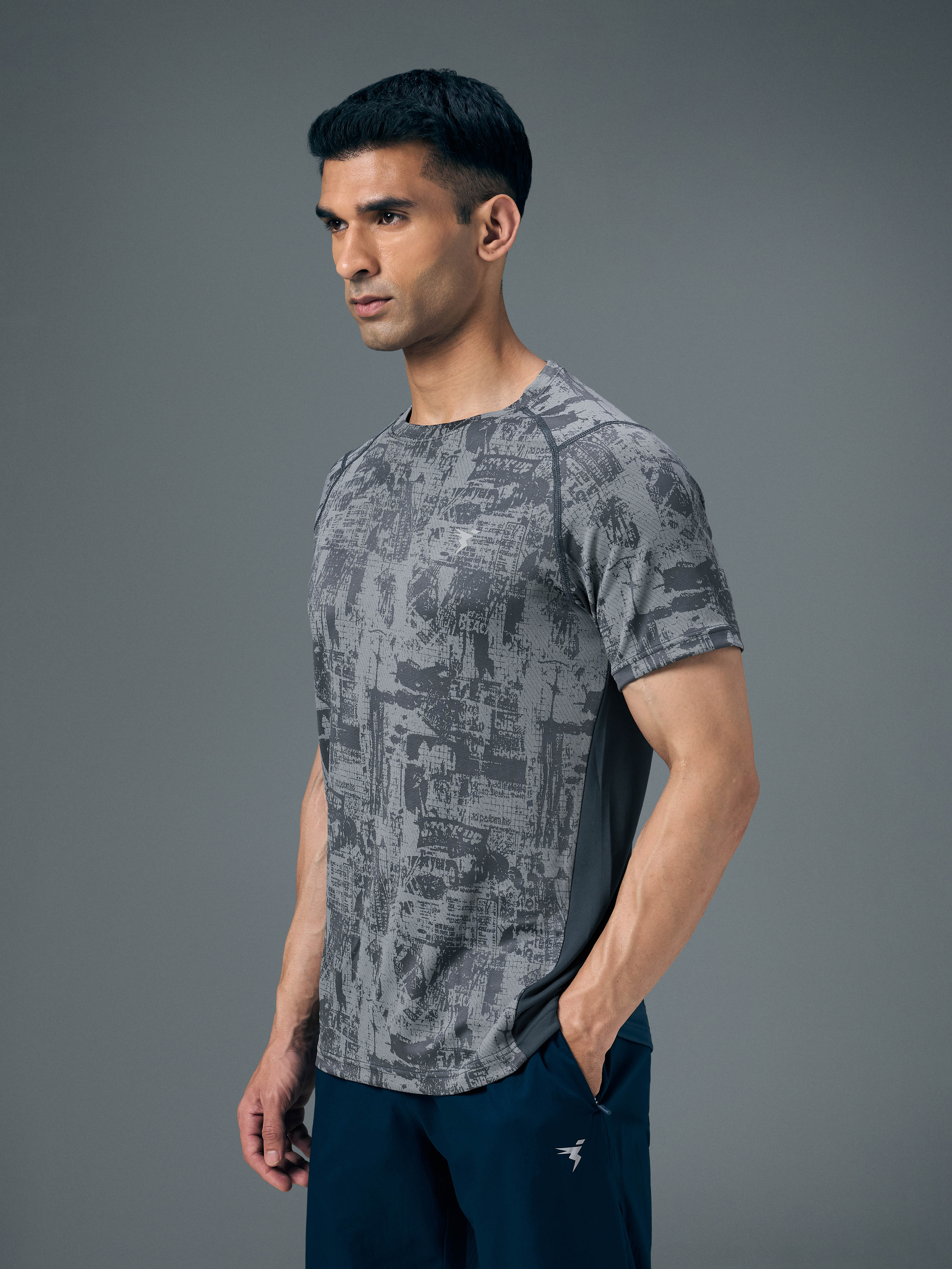 Men Self Design Slim Fit Crew Neck T-shirt with DOUBLE COOL - Image 4