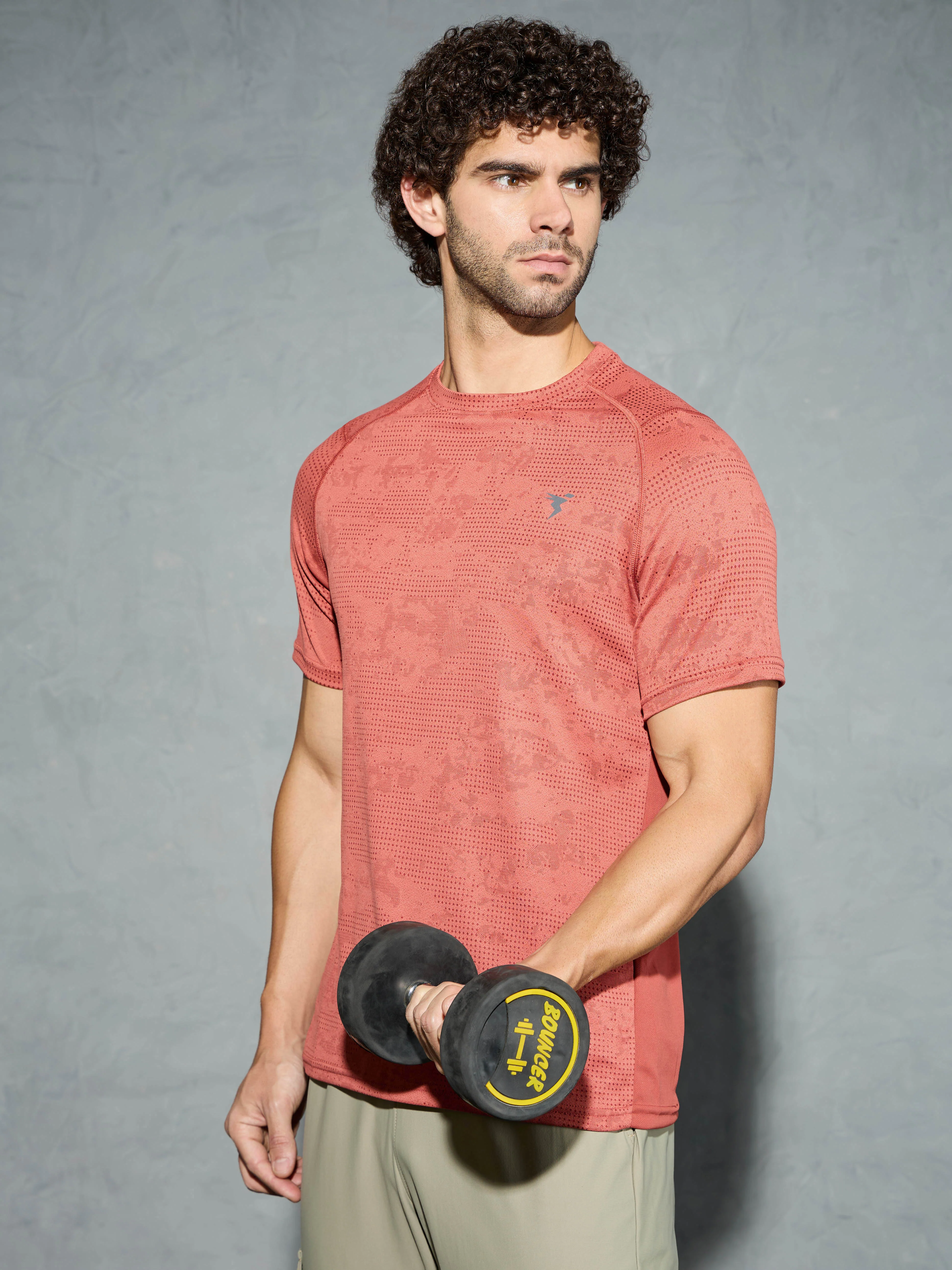 Men Self Design Slim Fit Crew Neck T-shirt with DOUBLE COOL