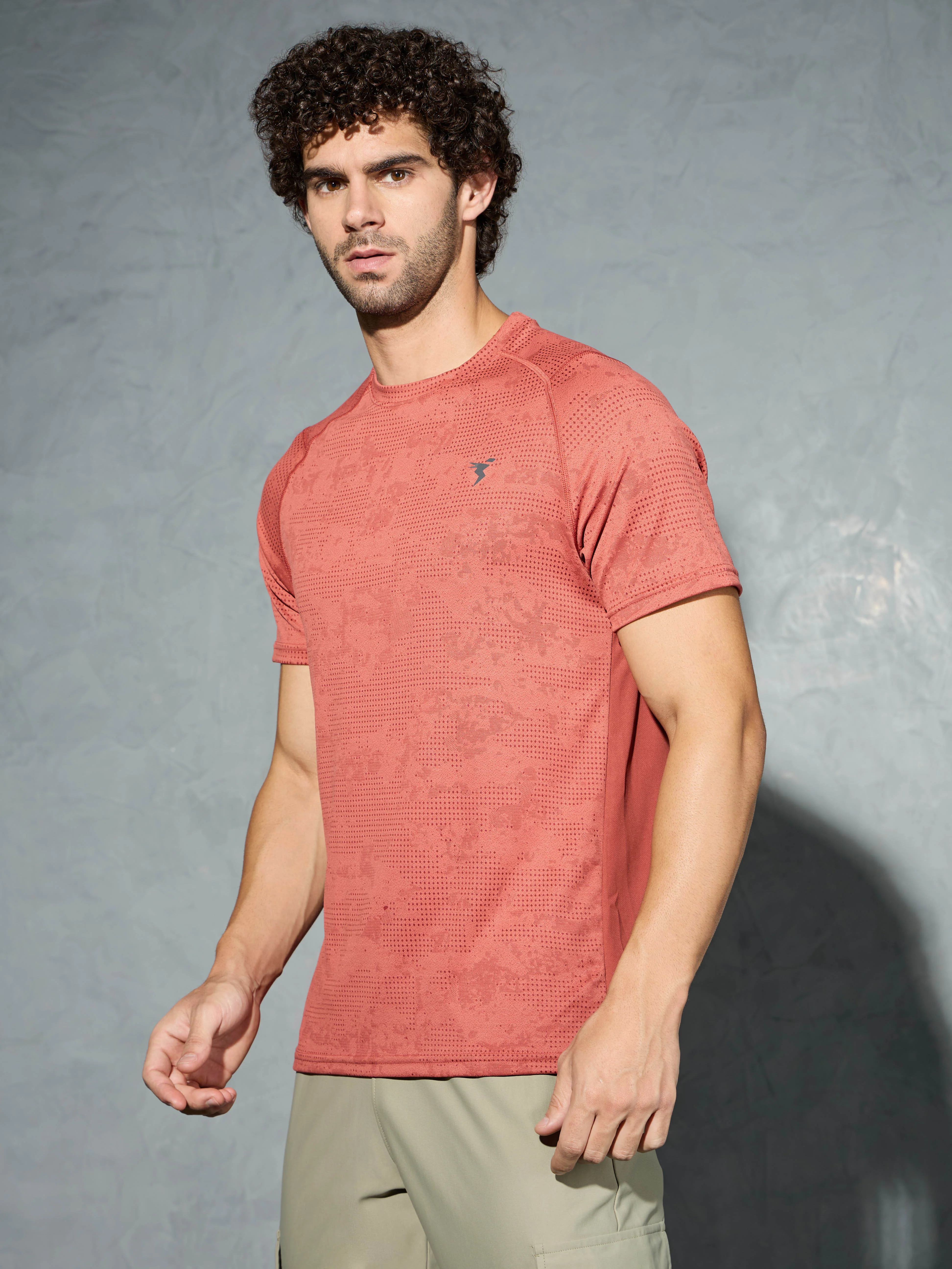 Men Self Design Slim Fit Crew Neck T-shirt with DOUBLE COOL - Image 4