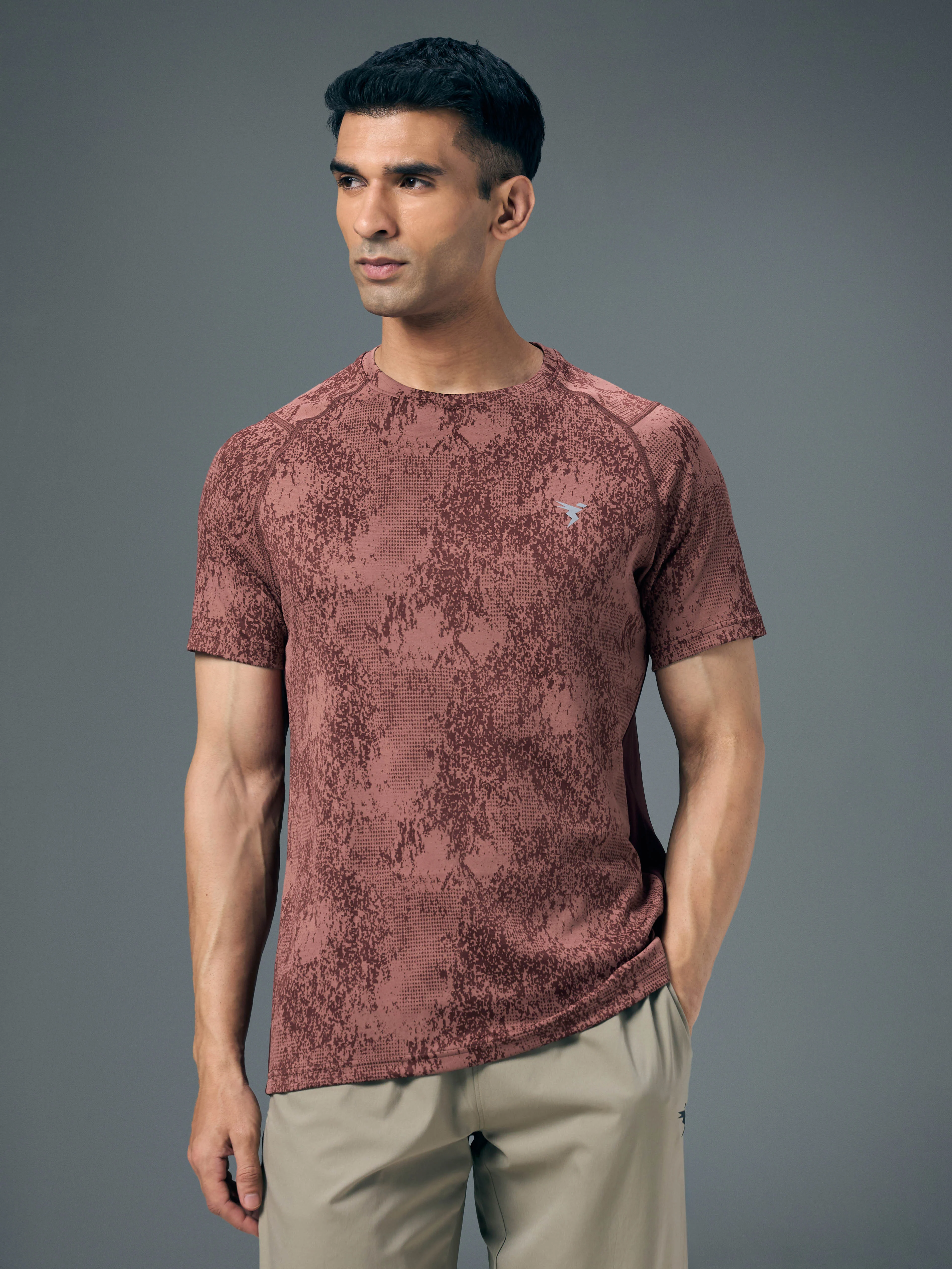 Men Self Design Slim Fit Crew Neck T-shirt with DOUBLE COOL - Image 2