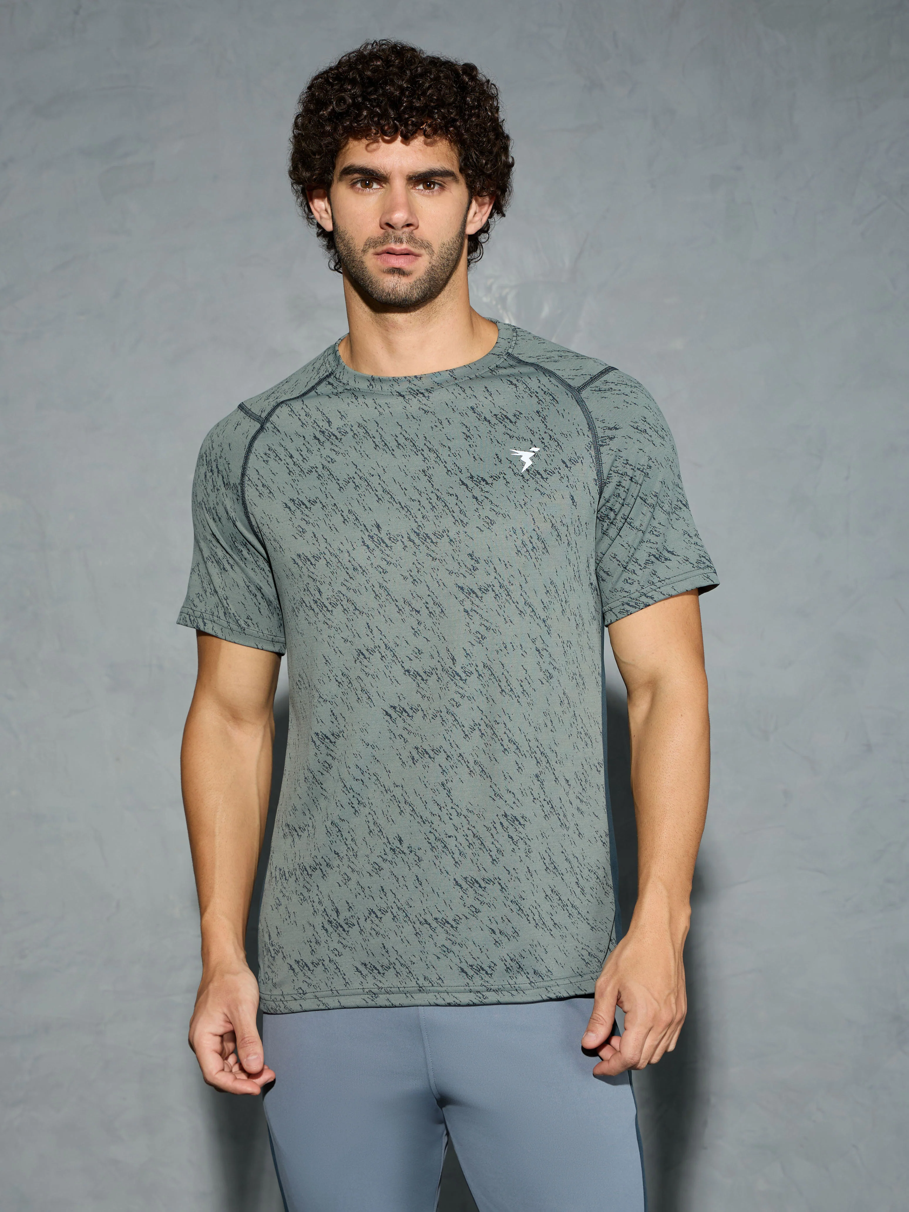 Men Self Design Slim Fit Crew Neck T-shirt with DOUBLE COOL - Image 2