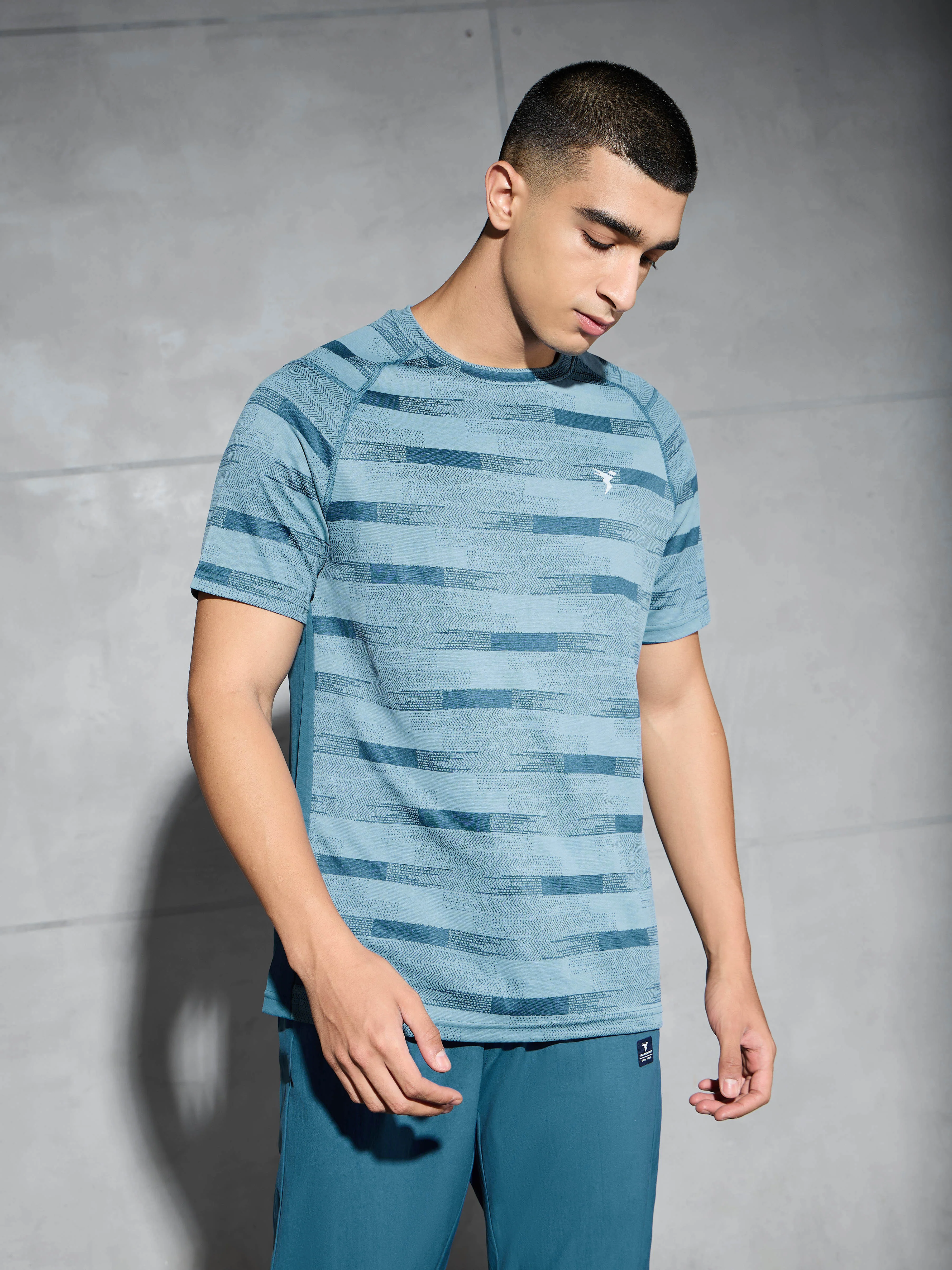 Men Self Design Slim Fit Crew Neck T-shirt with DOUBLE COOL