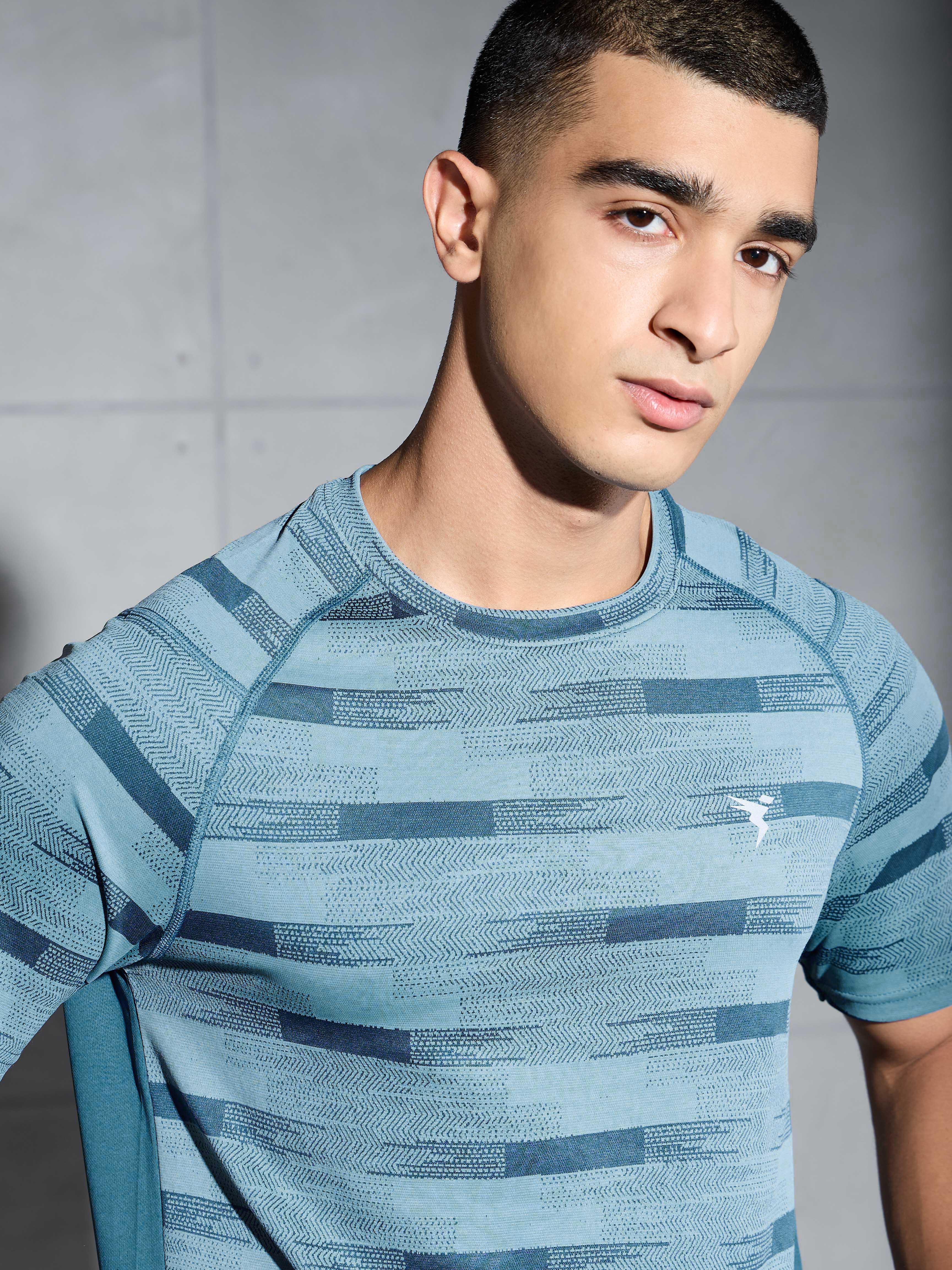 Men Self Design Slim Fit Crew Neck T-shirt with DOUBLE COOL - Image 6