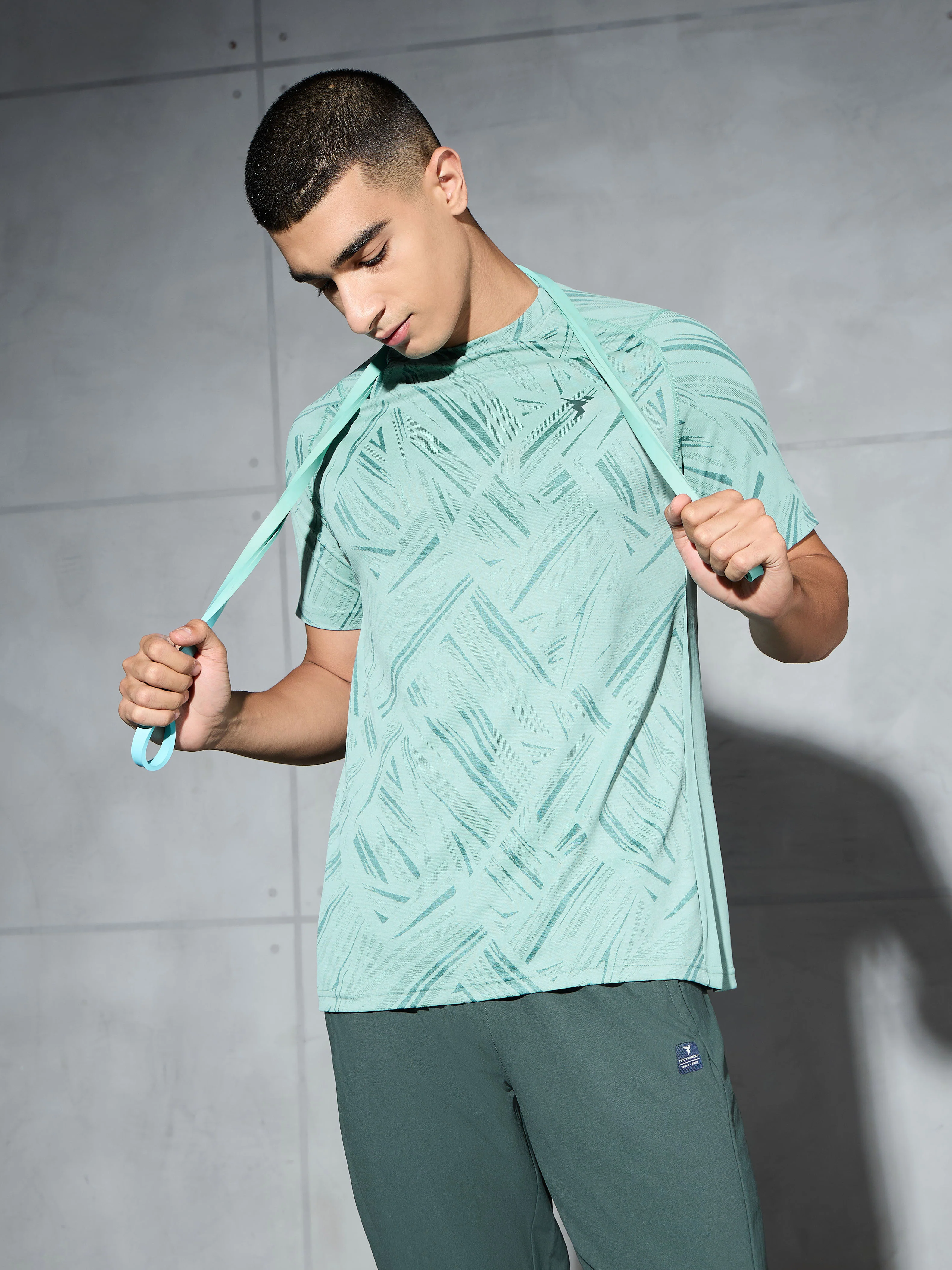 Men Self Design Slim Fit Crew Neck T-shirt with DOUBLE COOL