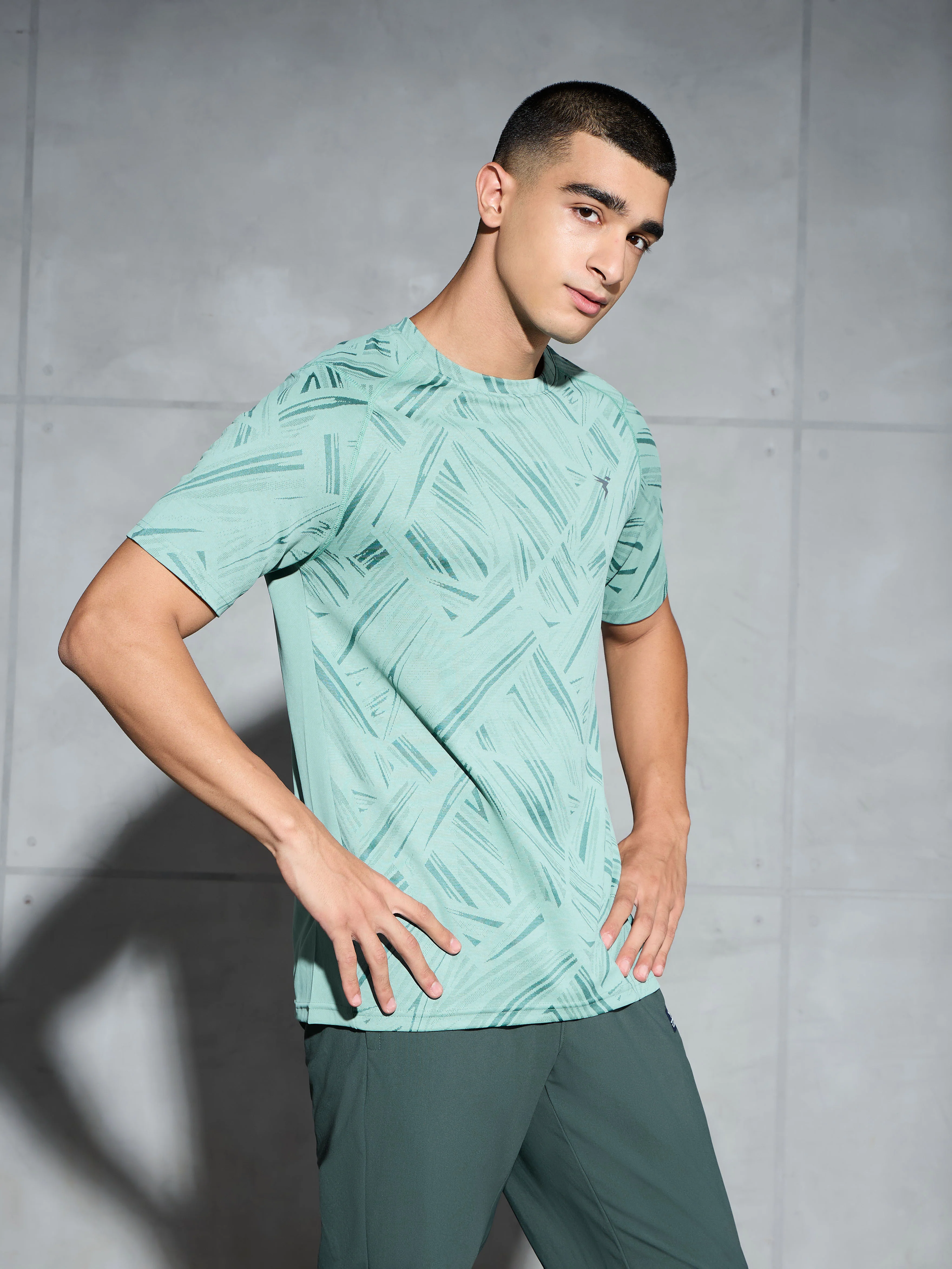 Men Self Design Slim Fit Crew Neck T-shirt with DOUBLE COOL - Image 4