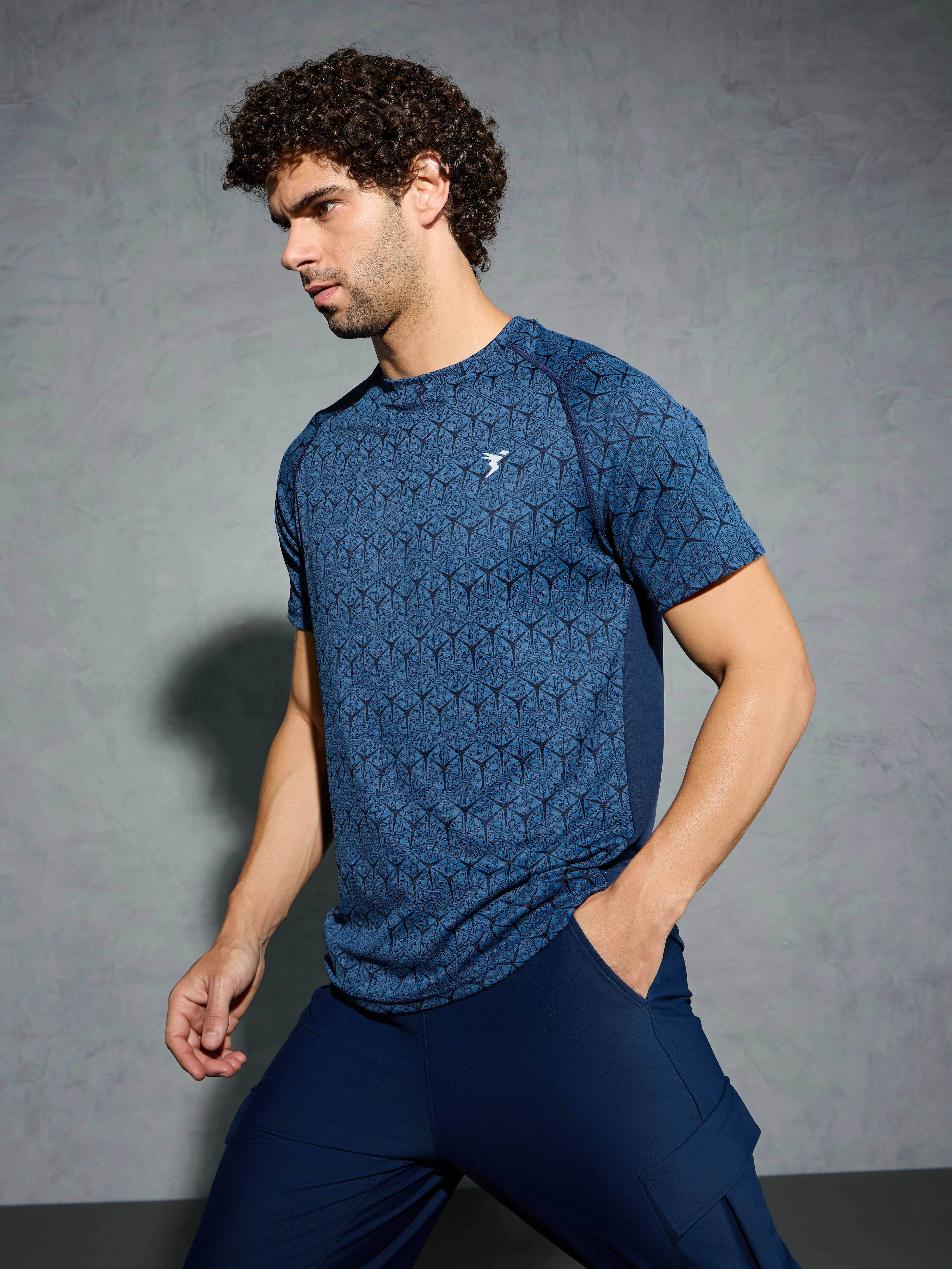Men Self Design Slim Fit Crew Neck T-shirt with DOUBLE COOL