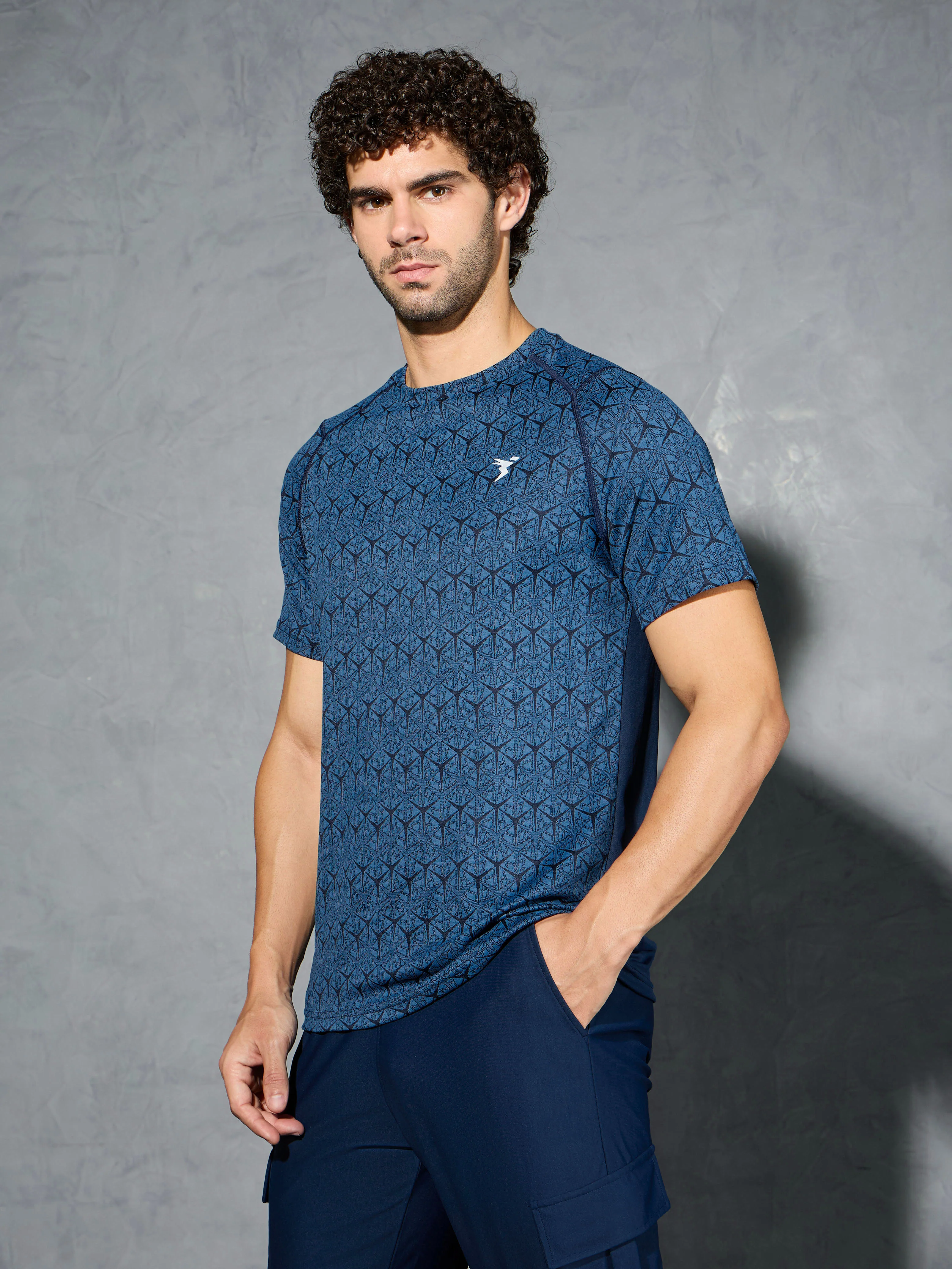 Men Self Design Slim Fit Crew Neck T-shirt with DOUBLE COOL - Image 4