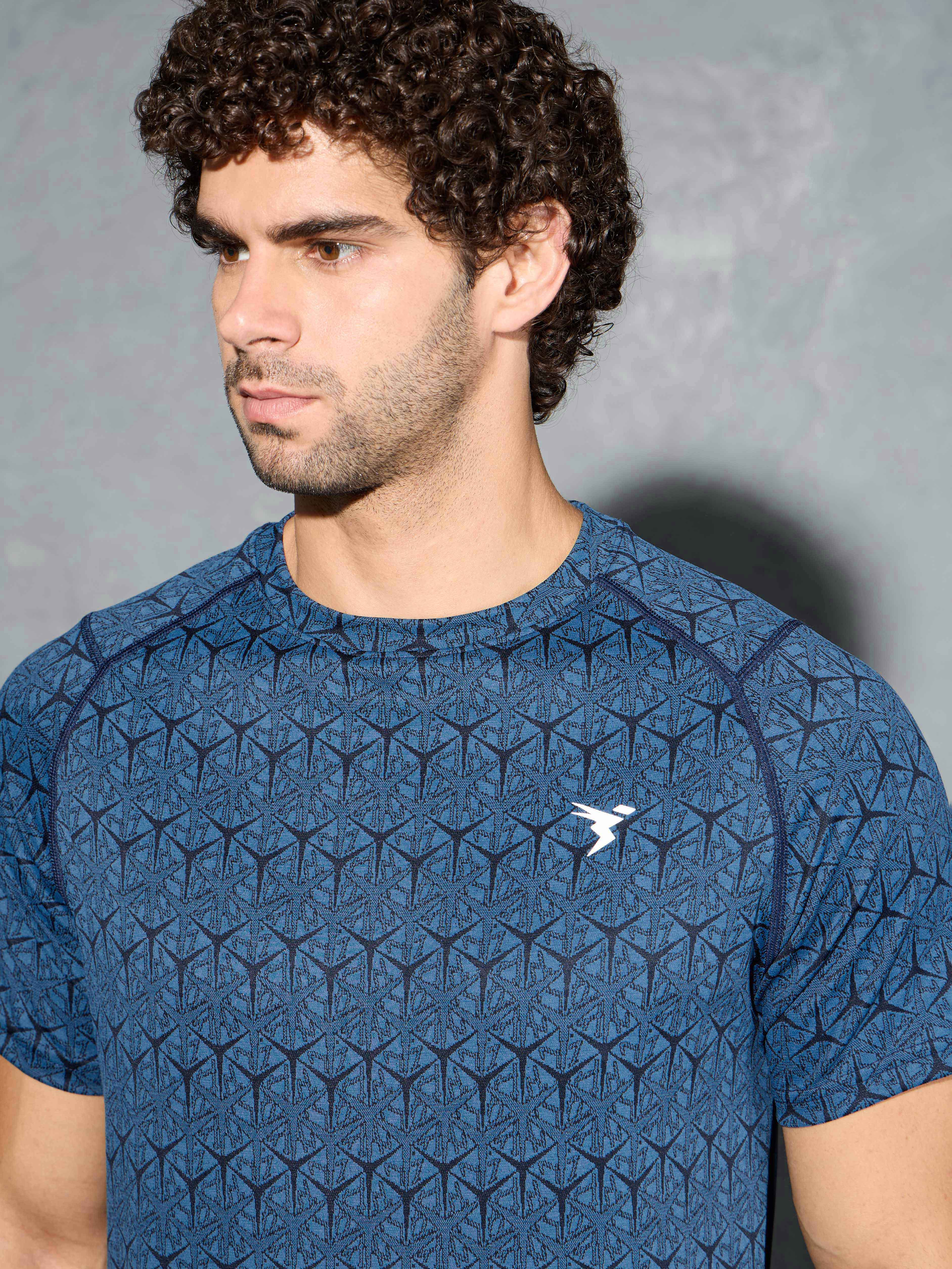 Men Self Design Slim Fit Crew Neck T-shirt with DOUBLE COOL - Image 5