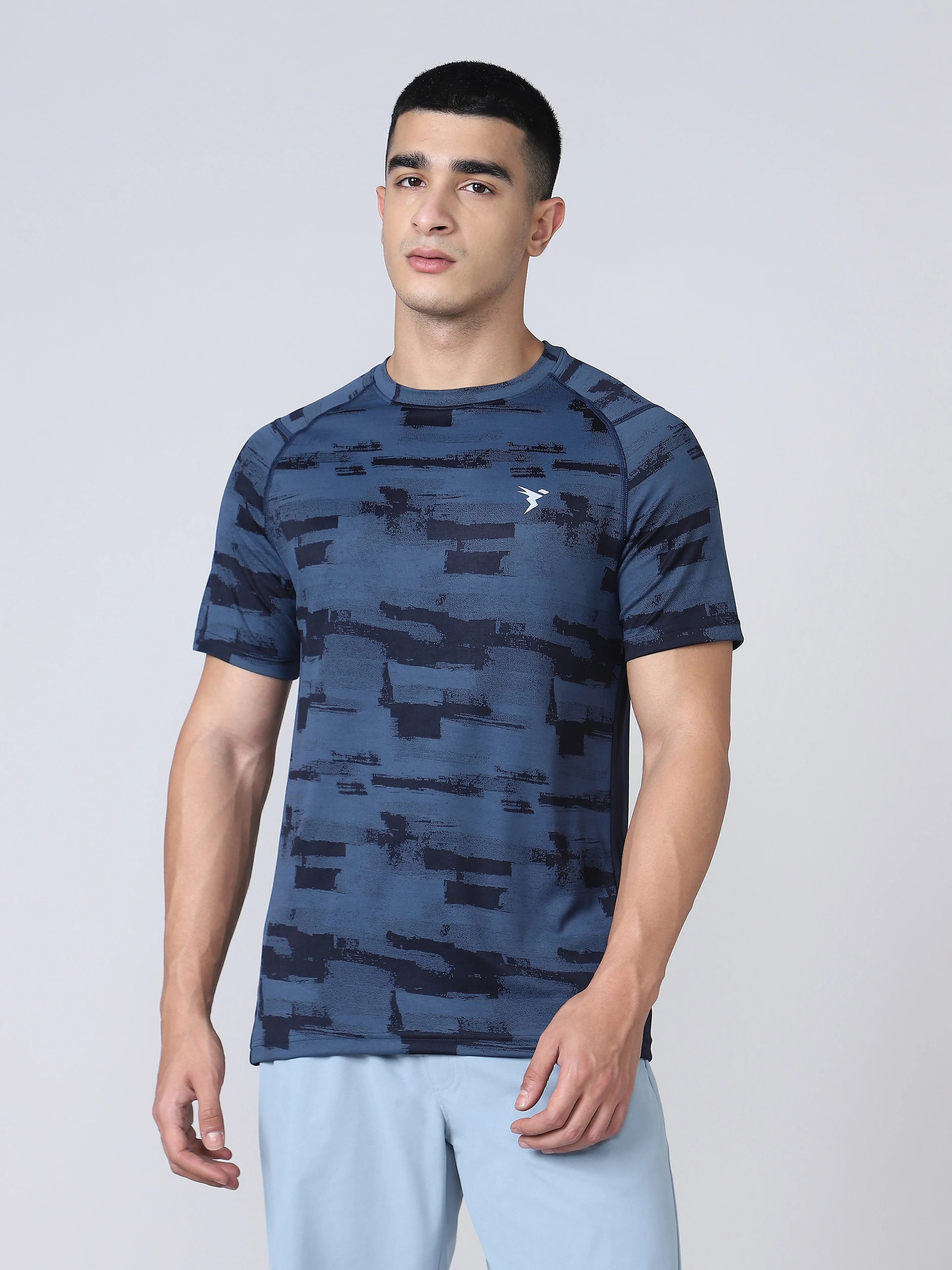 Men Self Design Slim Fit Crew Neck T-shirt with DOUBLE COOL