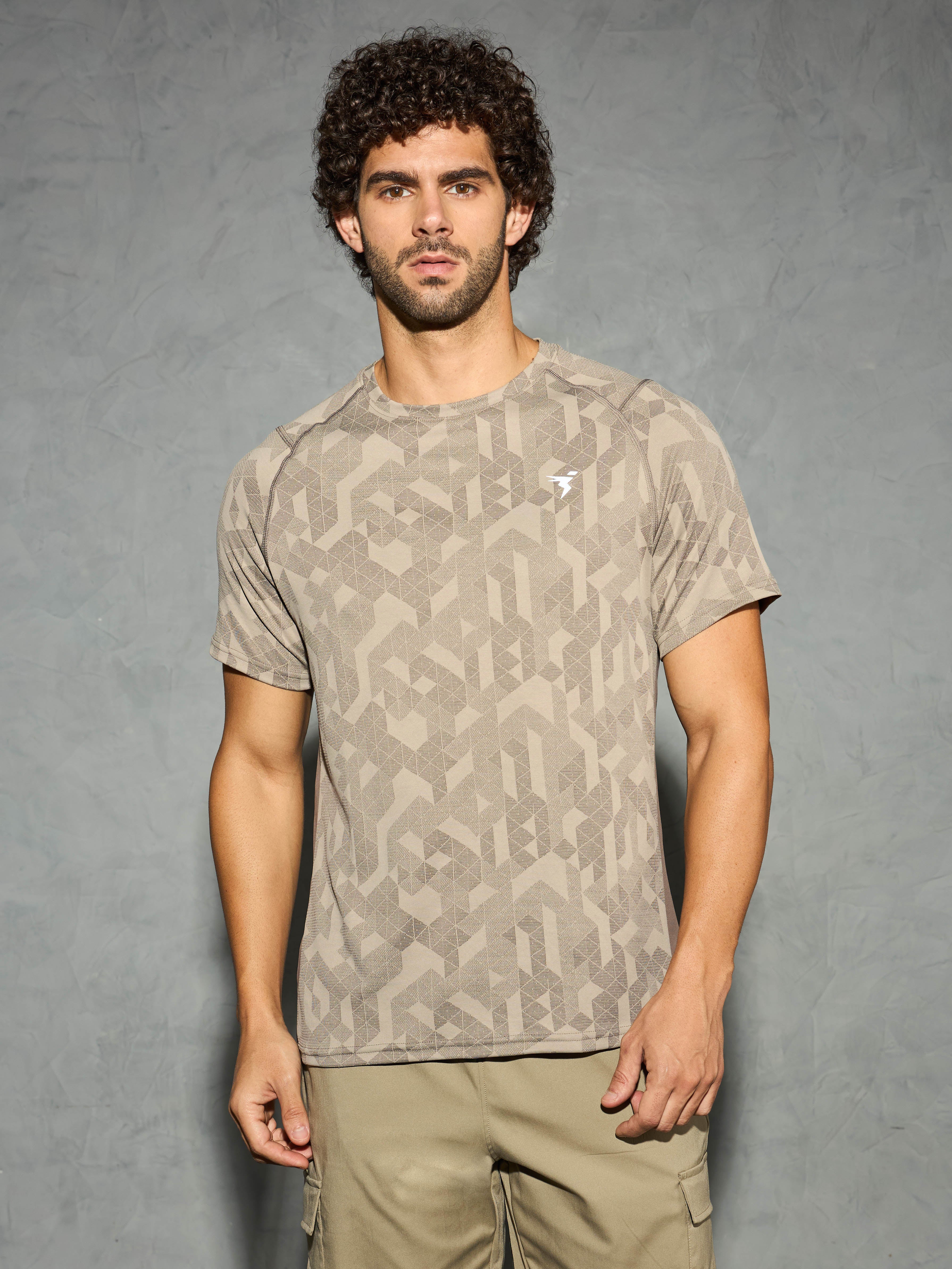 Men Self Design Slim Fit Crew Neck T-shirt with DOUBLE COOL - Image 2