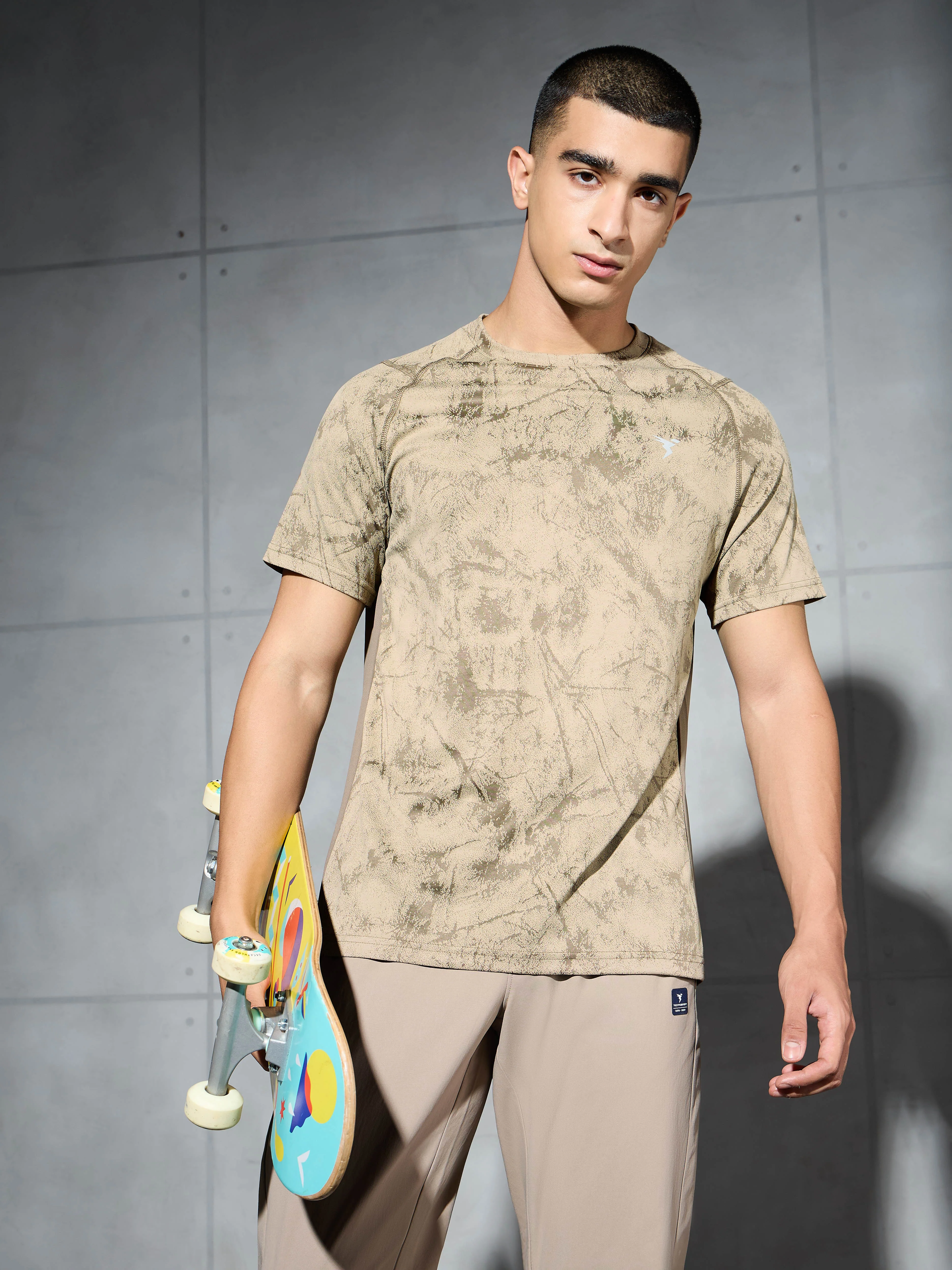 Men Self Design Slim Fit Crew Neck T-shirt with DOUBLE COOL