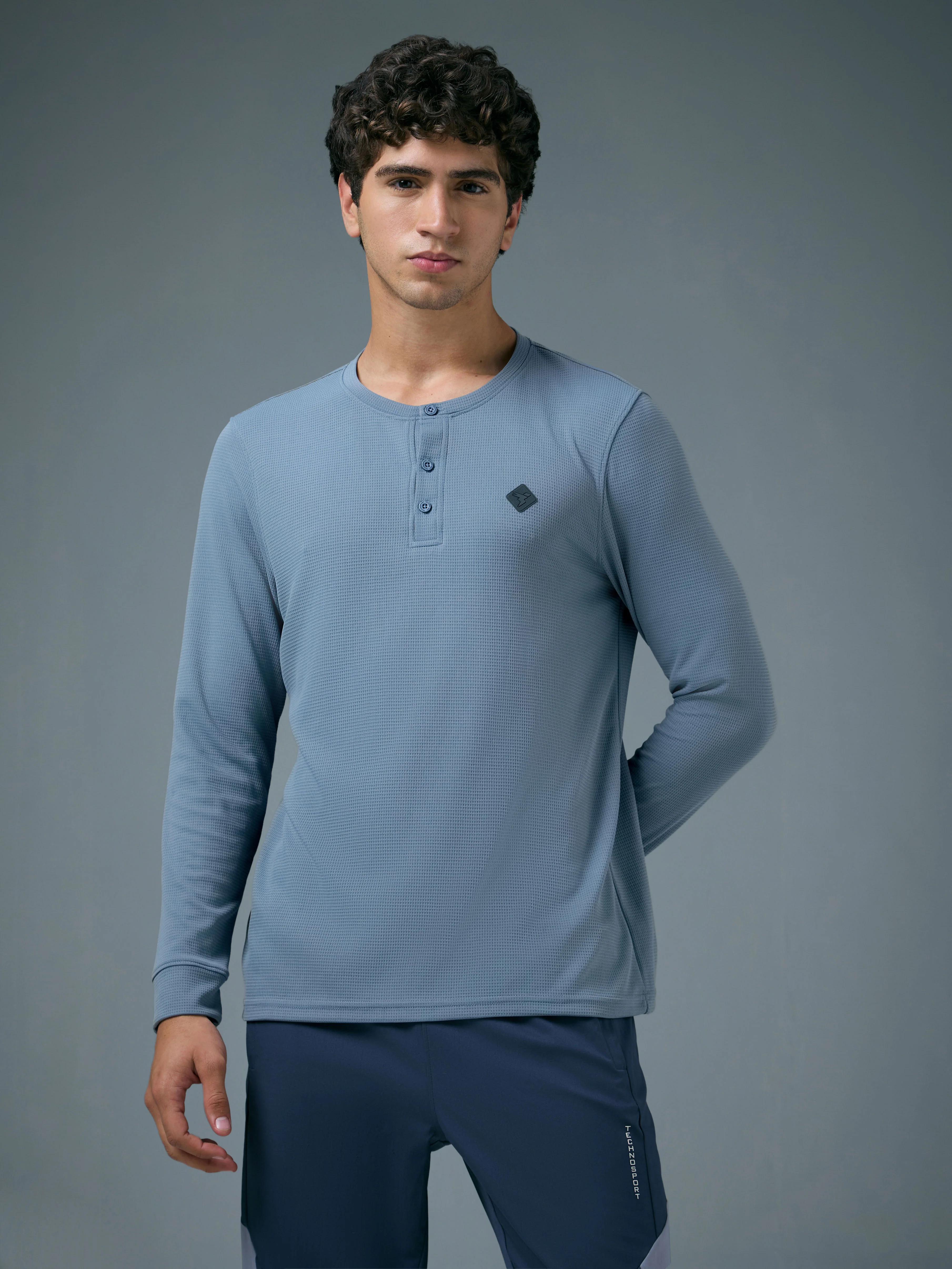 Men Self Design Slim Fit Henley Neck Sports T-Shirt with TECHNOCOOL+ - Image 2