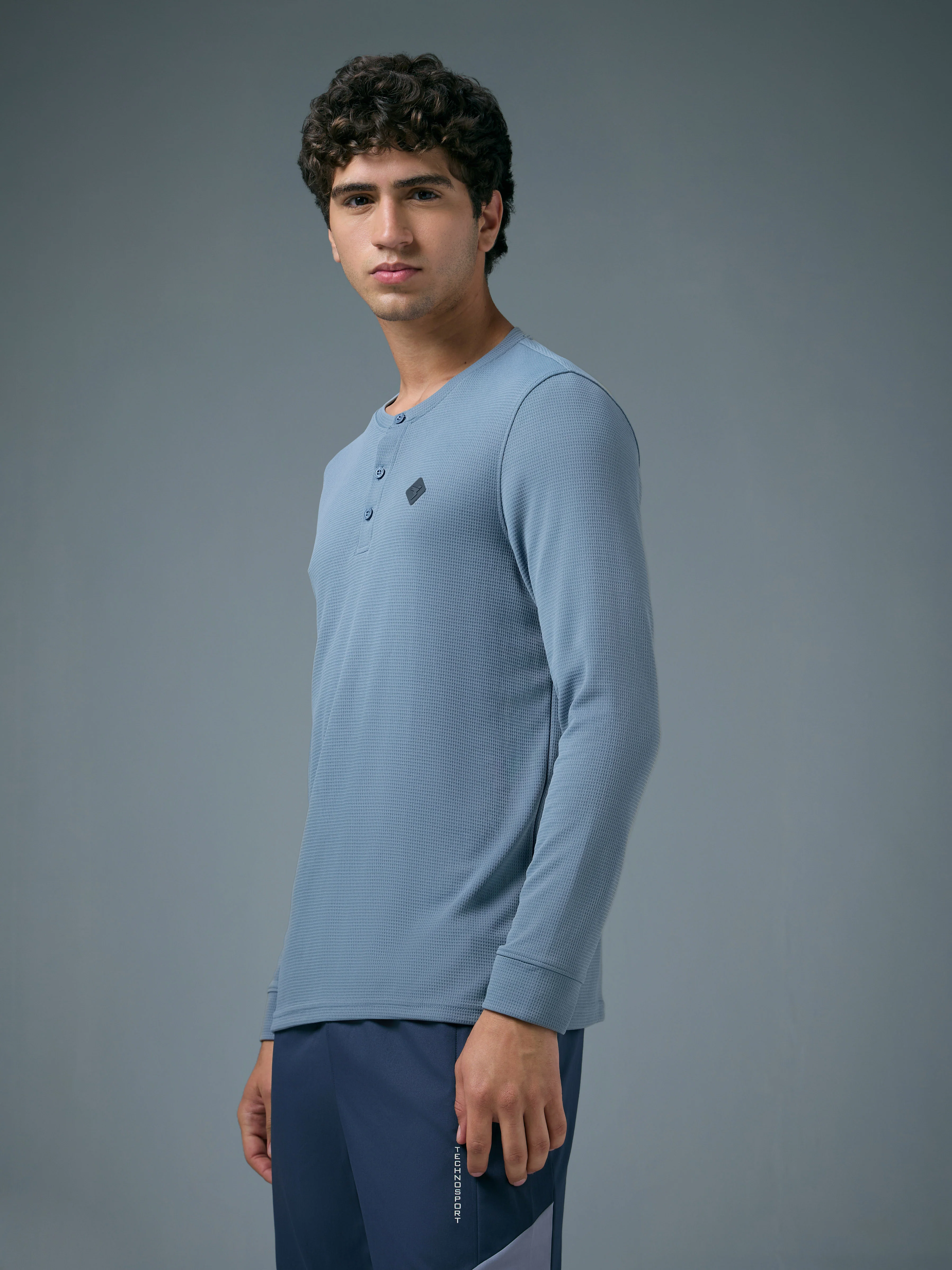 Men Self Design Slim Fit Henley Neck Sports T-Shirt with TECHNOCOOL+ - Image 4