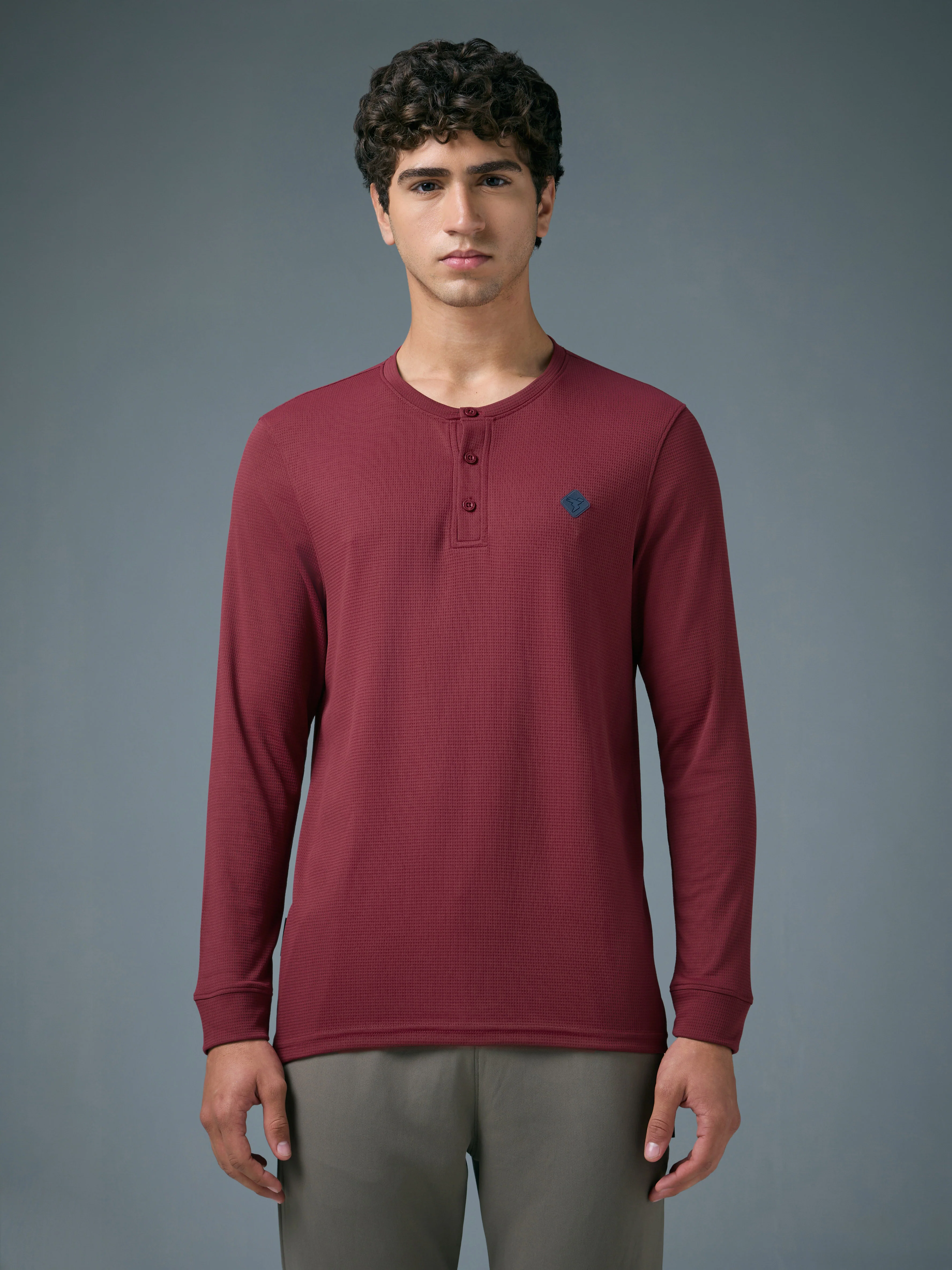 Men Self Design Slim Fit Henley Neck Sports T-Shirt with TECHNOCOOL+ - Image 2