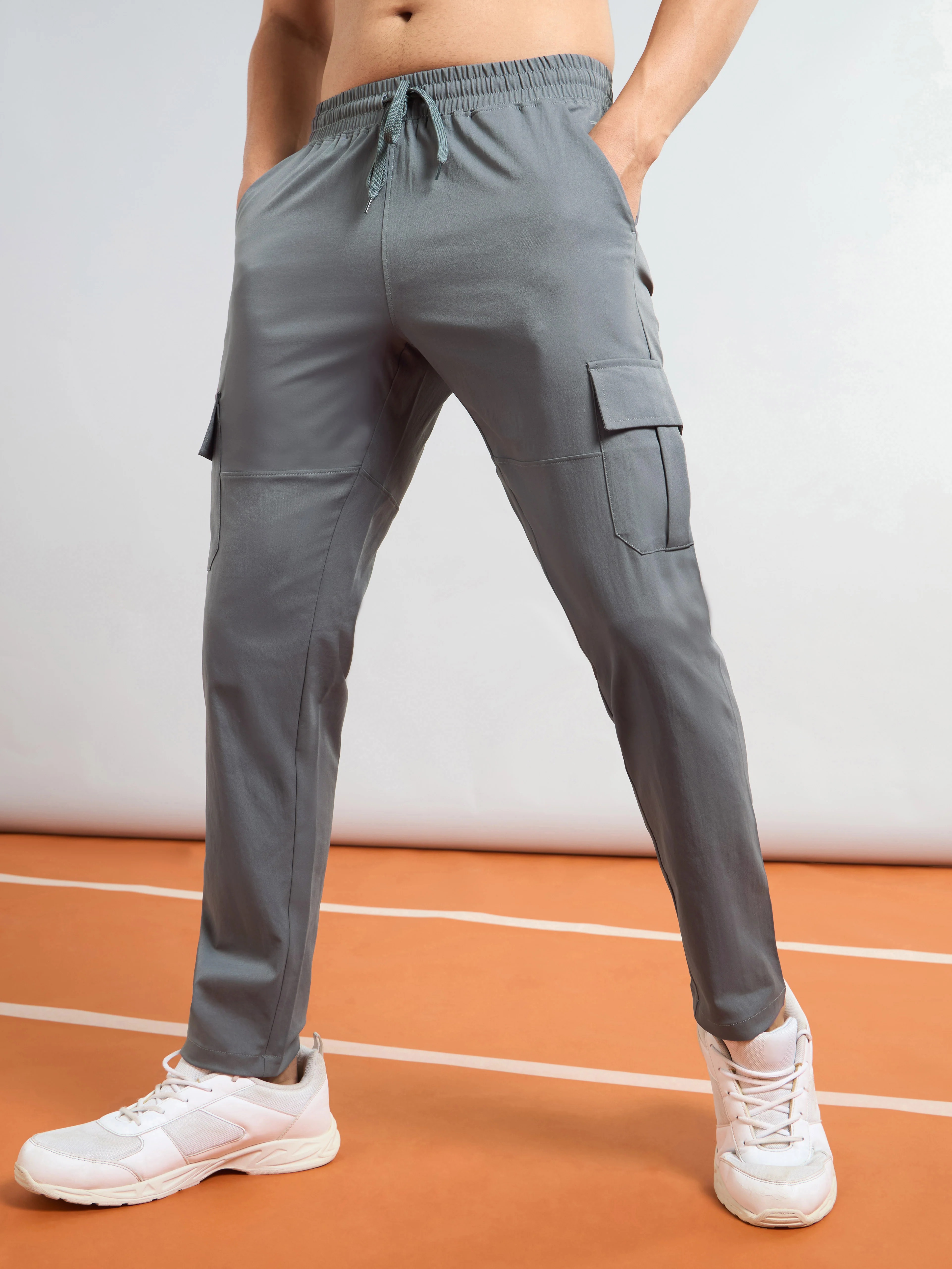 Men Solid Relax Fit Sports Cargo Trackpants with TS FLEXI