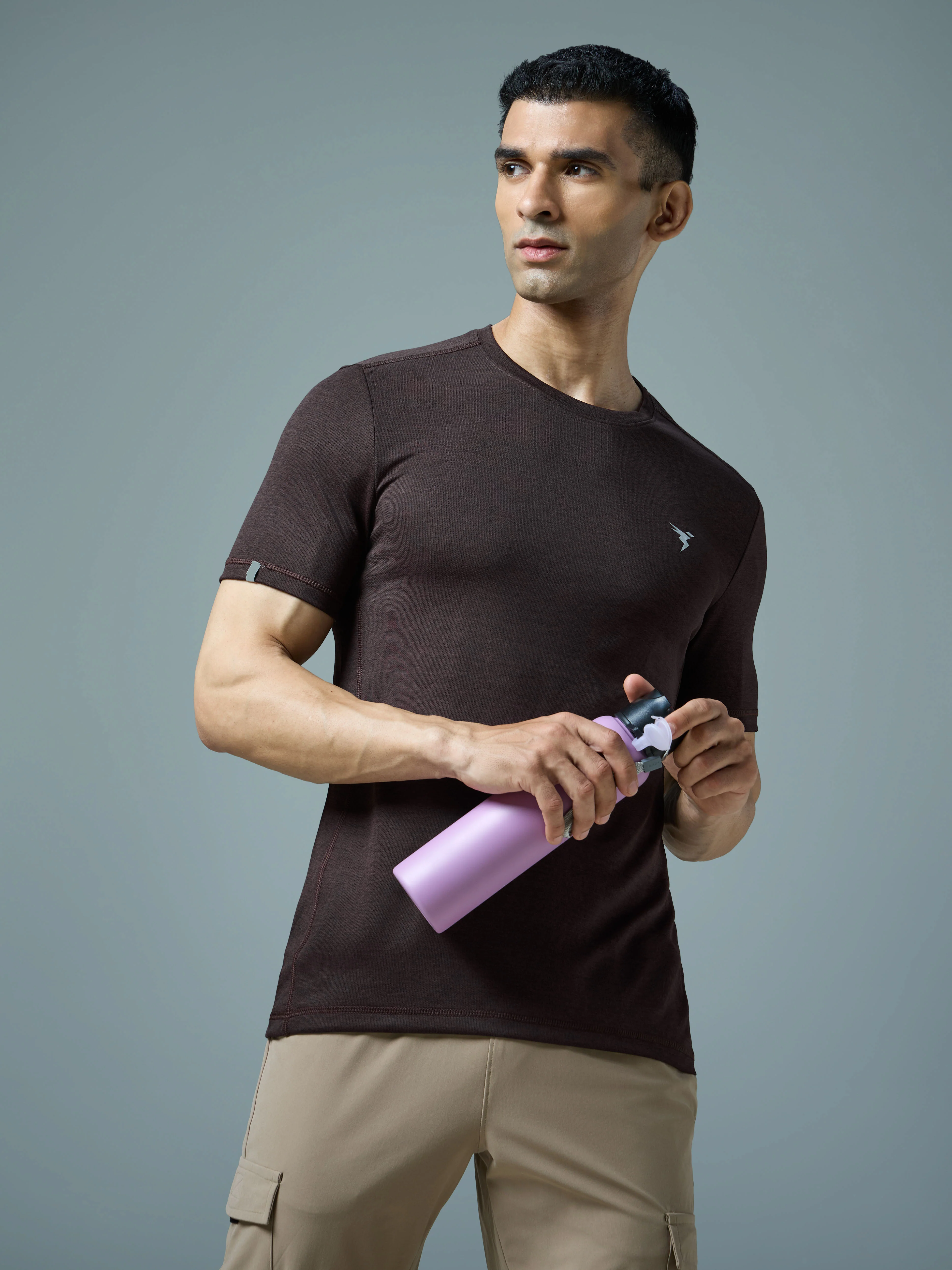 Men Solid Slim Fit Crew Neck T-shirt with DOUBLE COOL