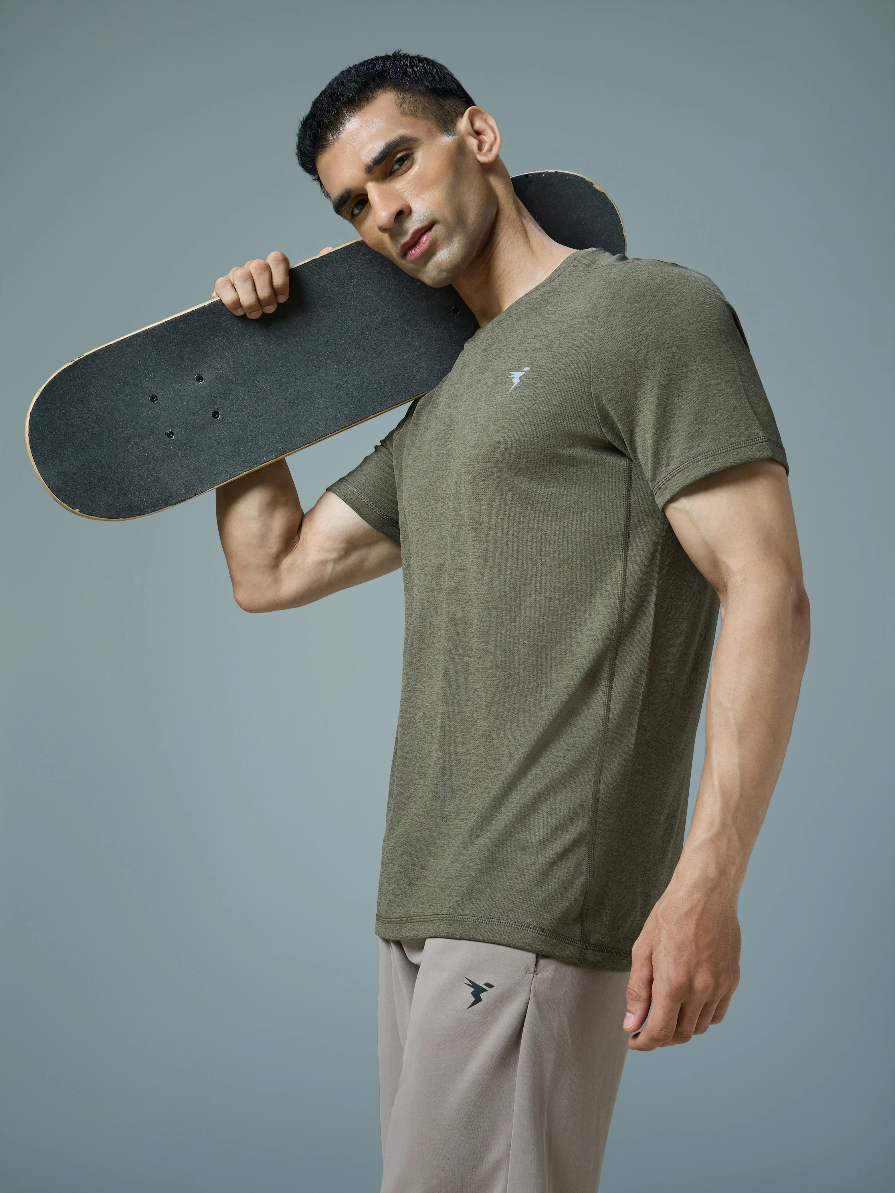 Men Solid Slim Fit Crew Neck T-shirt with DOUBLE COOL