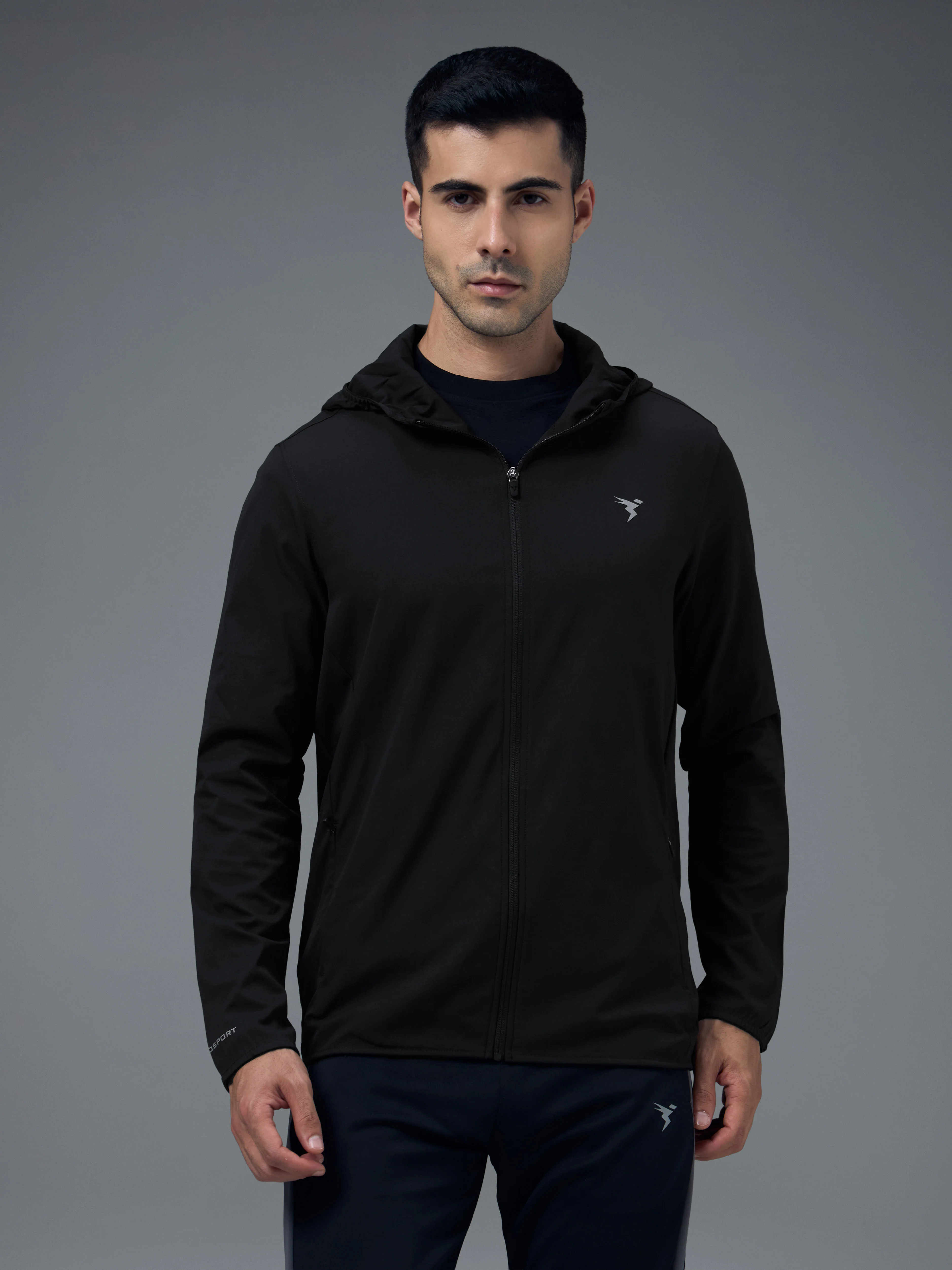 Men Solid Slim Fit Hooded Jacket with TS FLEXI