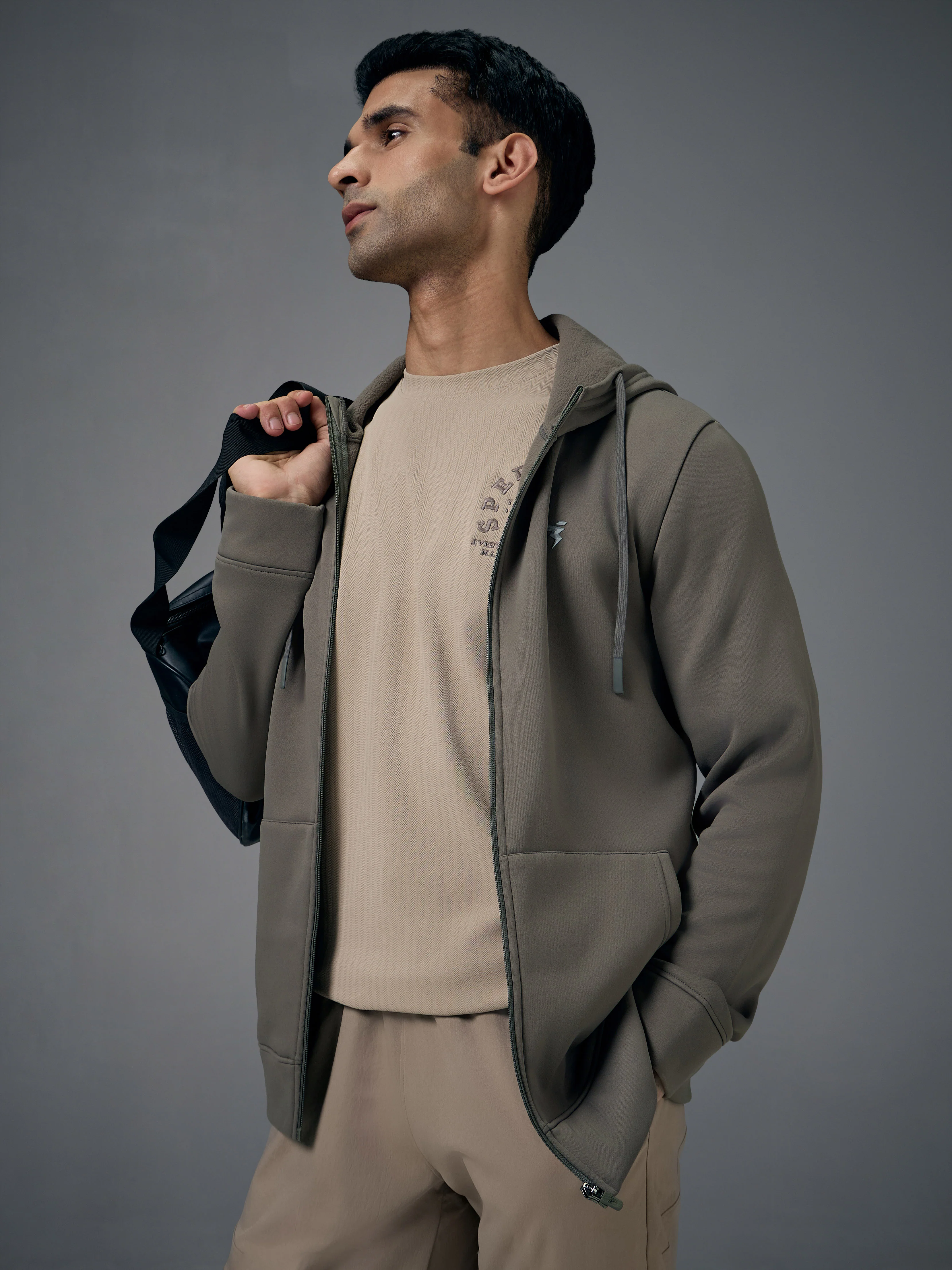 Men Solid Slim Fit Hooded Jacket with TECHNOWARM+
