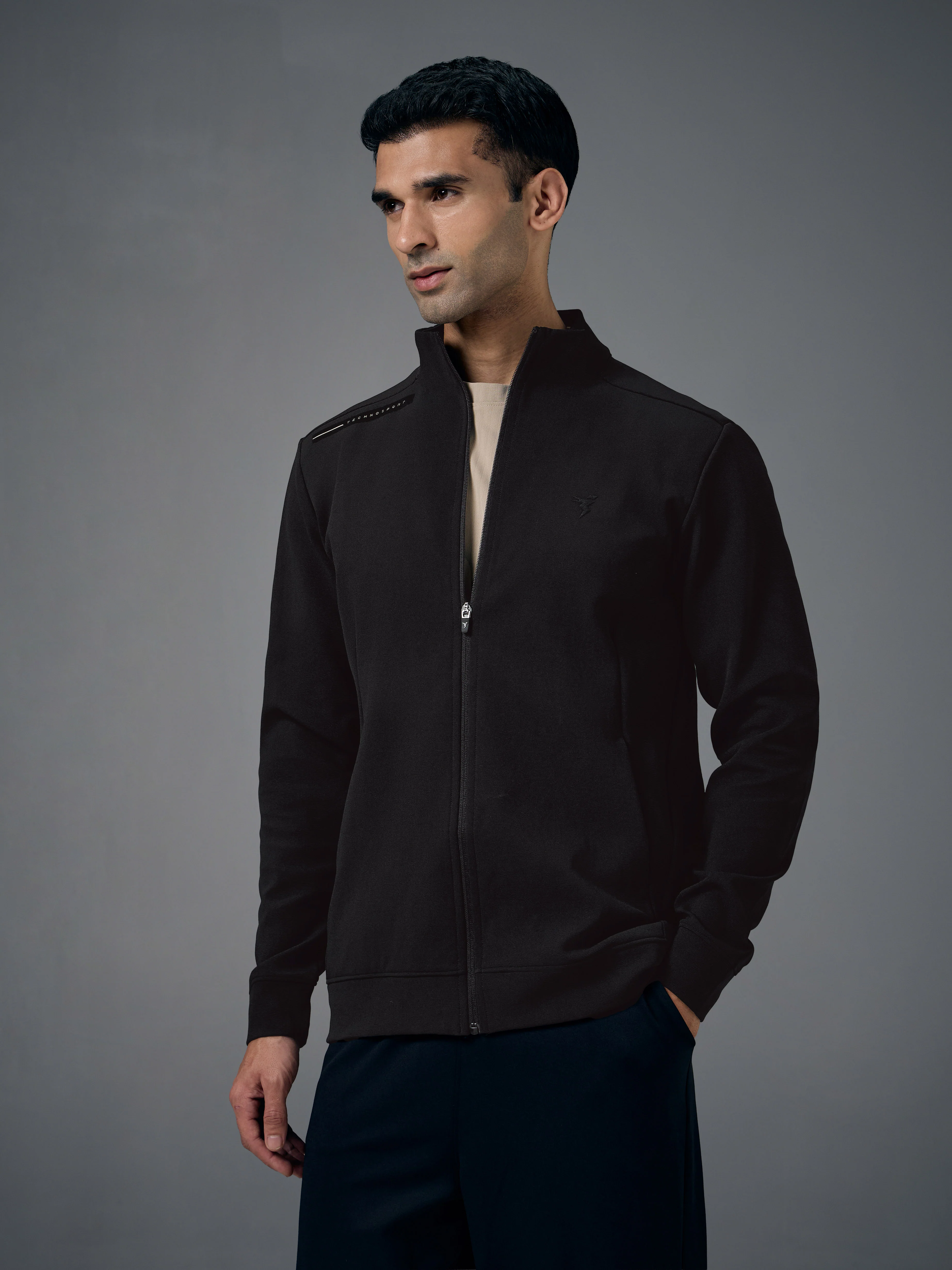 Men Solid Slim Fit Mock Neck Jacket with ELASTO PLUS - Image 4