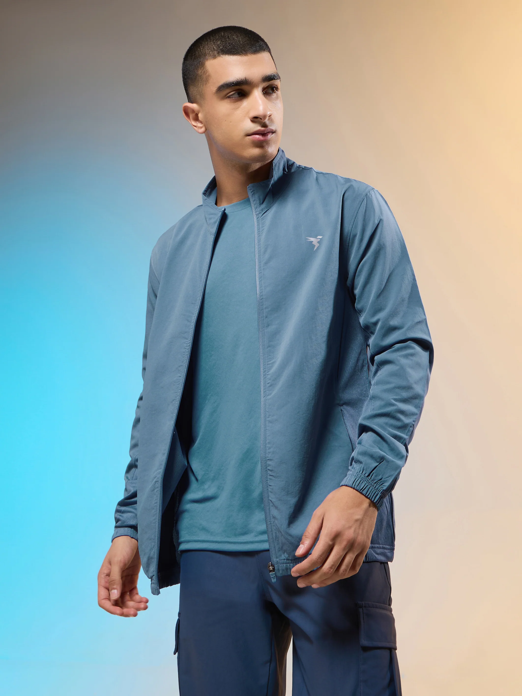 Men Solid Slim Fit Mock Neck Jacket with TECHNOLITE