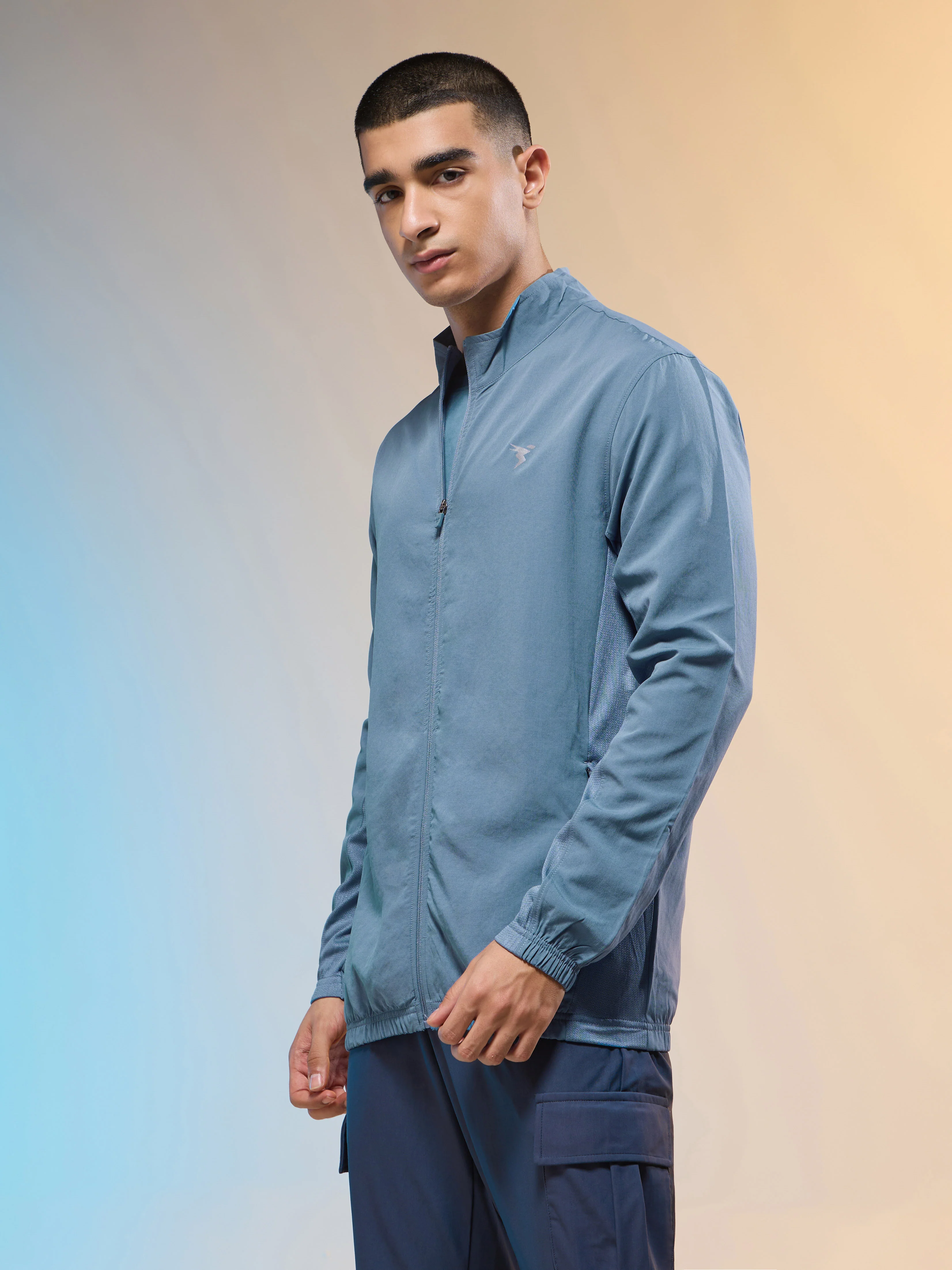 Men Solid Slim Fit Mock Neck Jacket with TECHNOLITE - Image 4