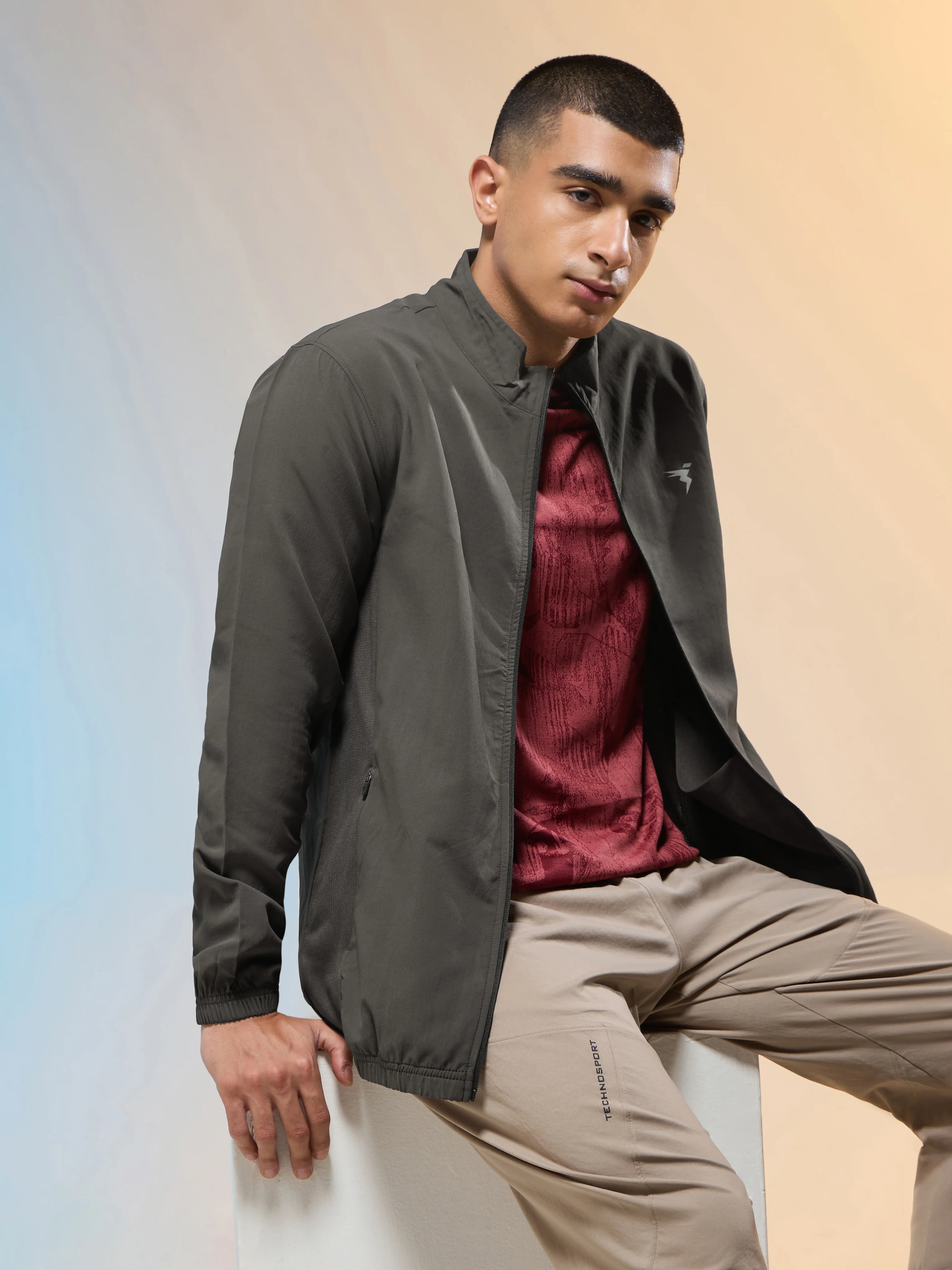 Men Solid Slim Fit Mock Neck Jacket with TECHNOLITE