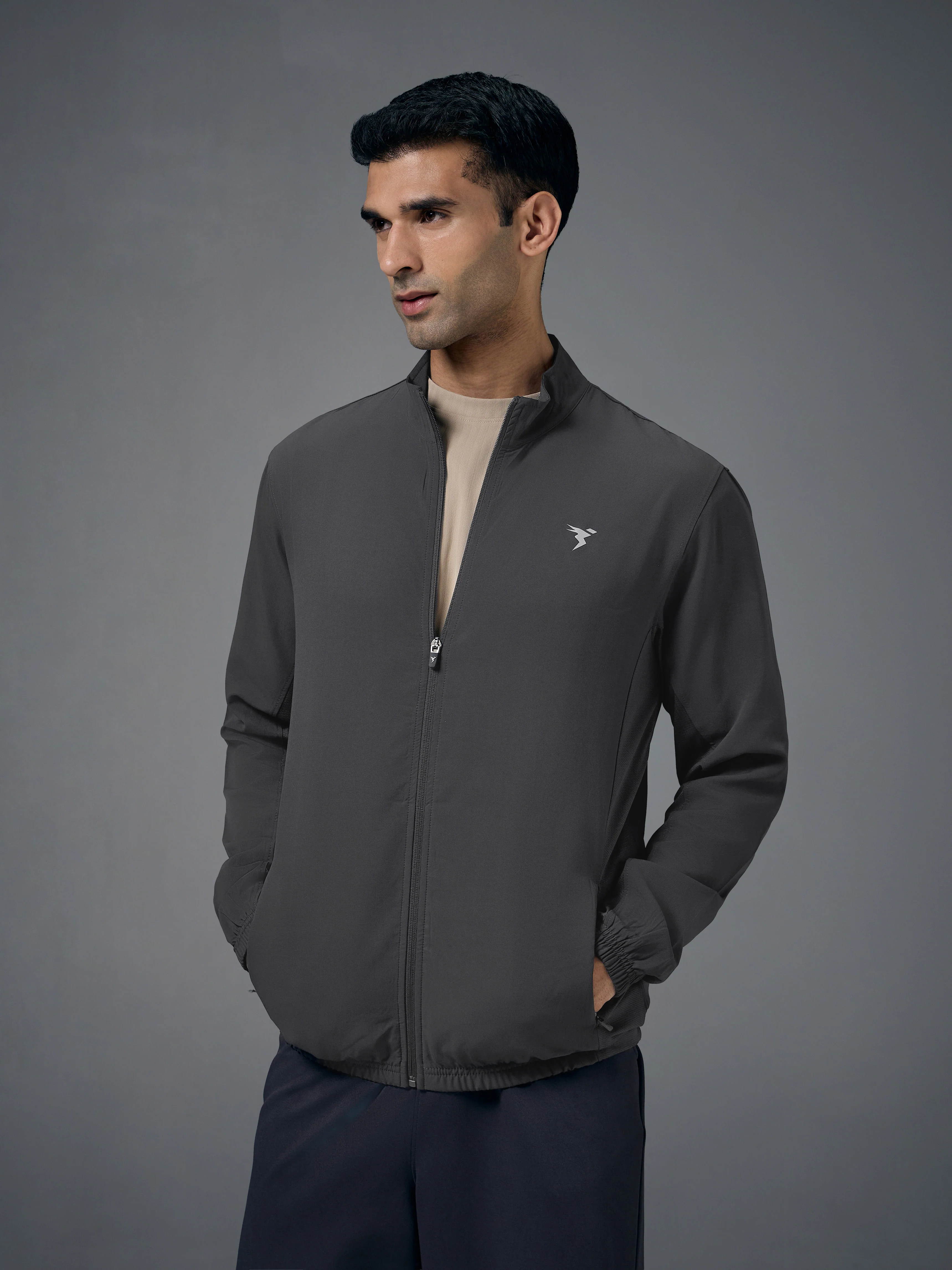 Men Solid Slim Fit Mock Neck Jacket with TECHNOLITE - Image 4