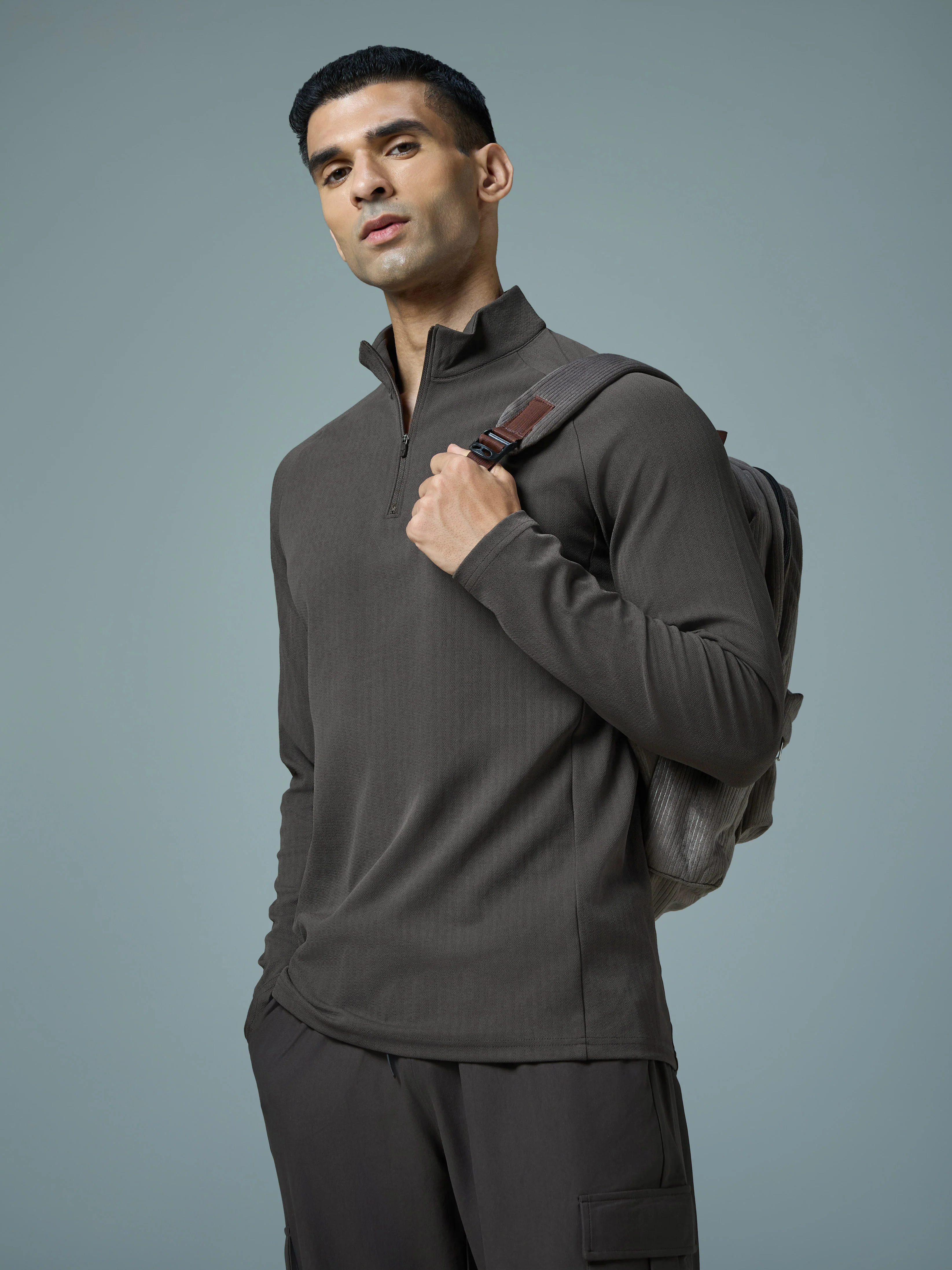 Men Solid Slim Fit Mock Neck Sports T-shirt with ELASTO PLUS