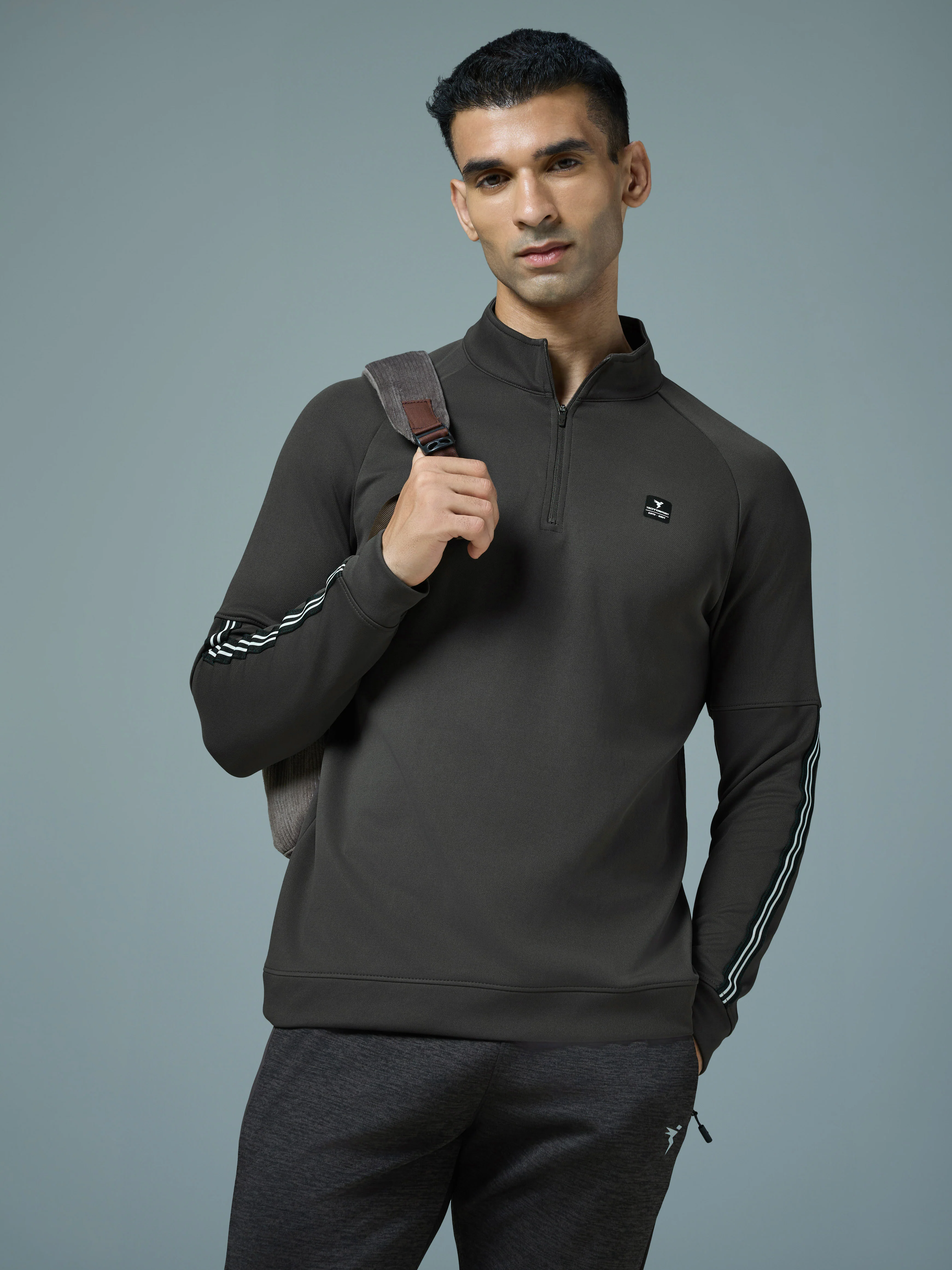 Men Solid Slim Fit Mock Neck Sweatshirt with ELASTO PLUS