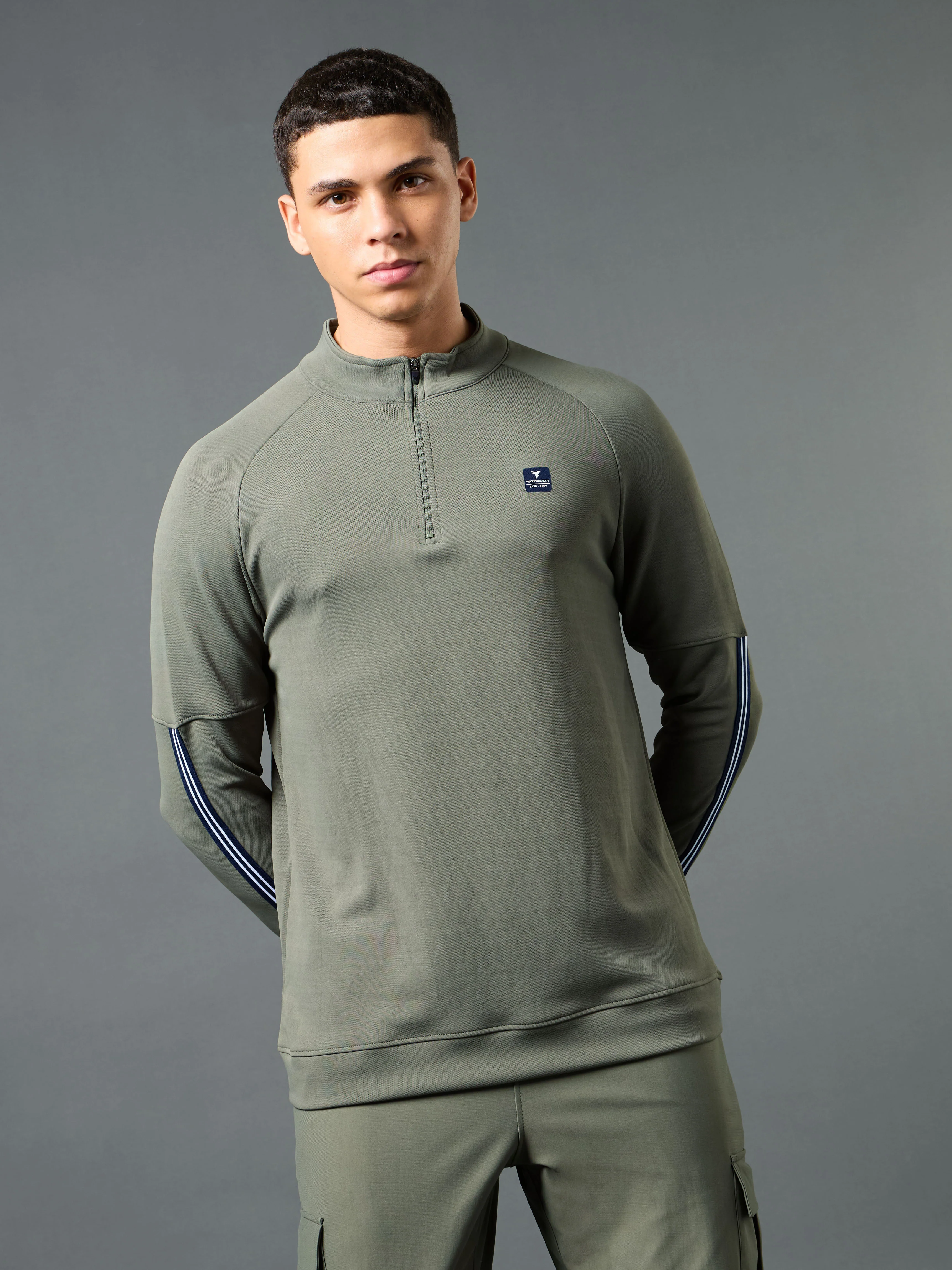 Men Solid Slim Fit Mock Neck Sweatshirt with ELASTO PLUS