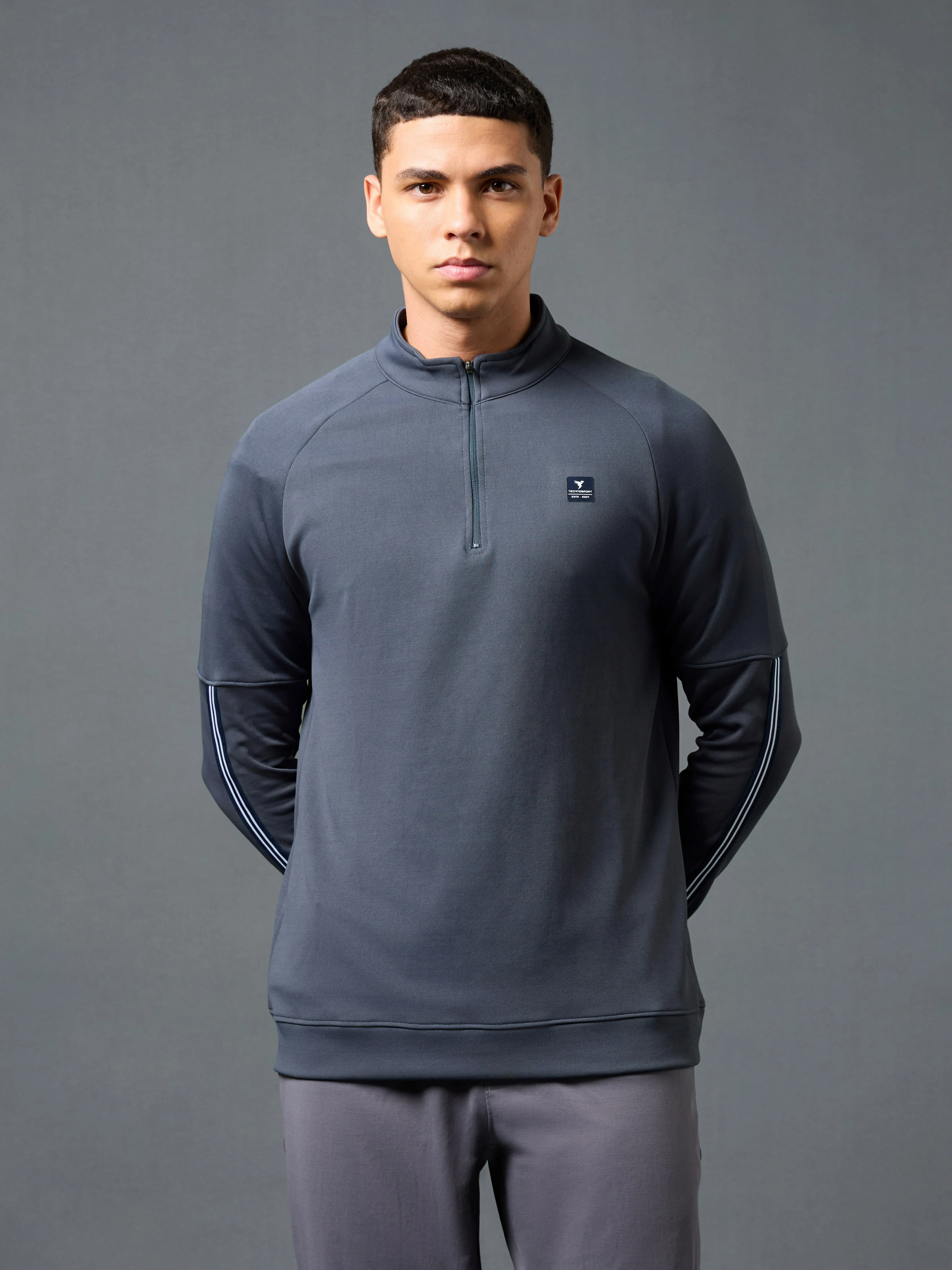 Men Solid Slim Fit Mock Neck Sweatshirt with ELASTO PLUS