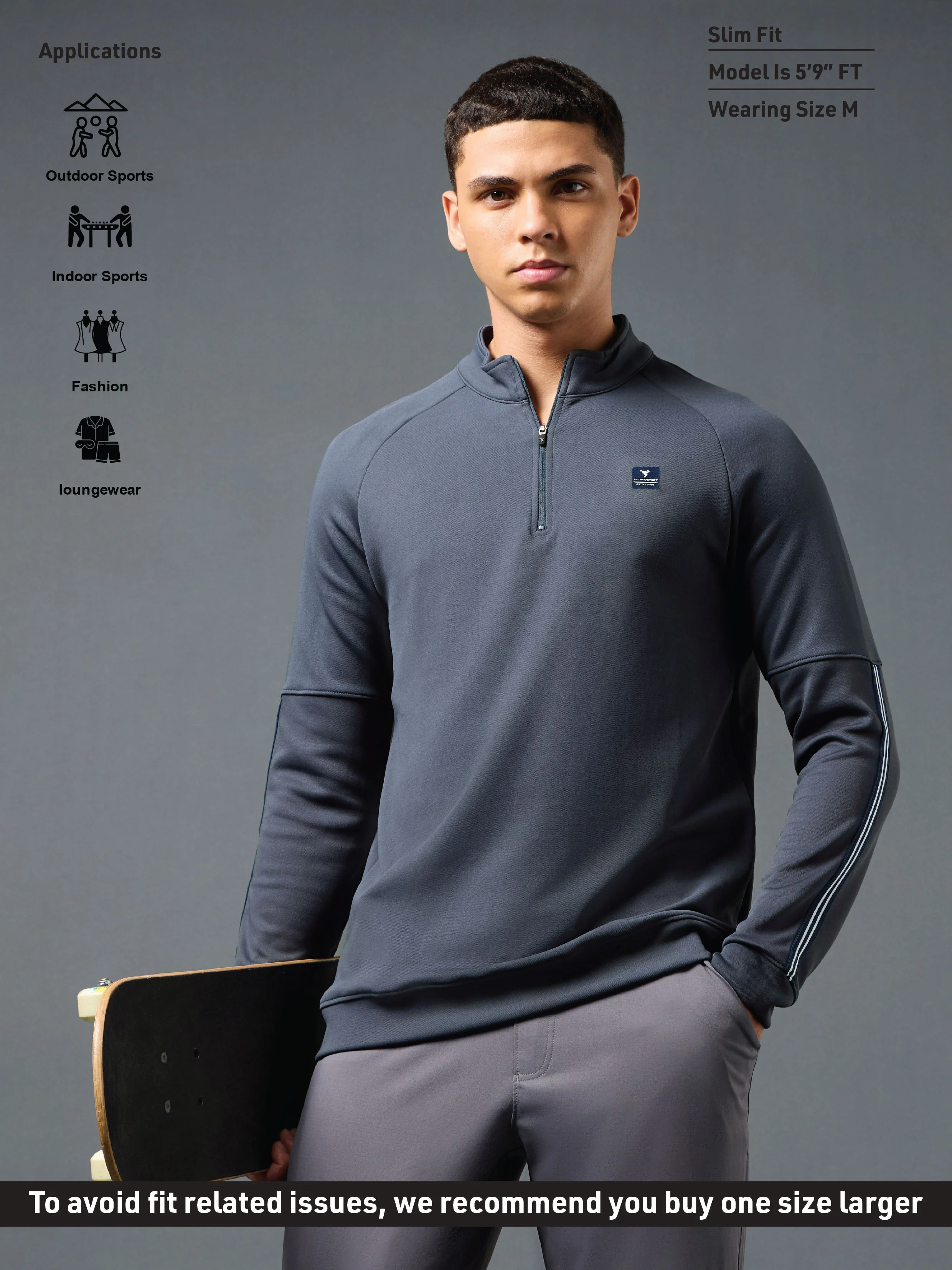 Men Solid Slim Fit Mock Neck Sweatshirt with ELASTO PLUS - Image 3