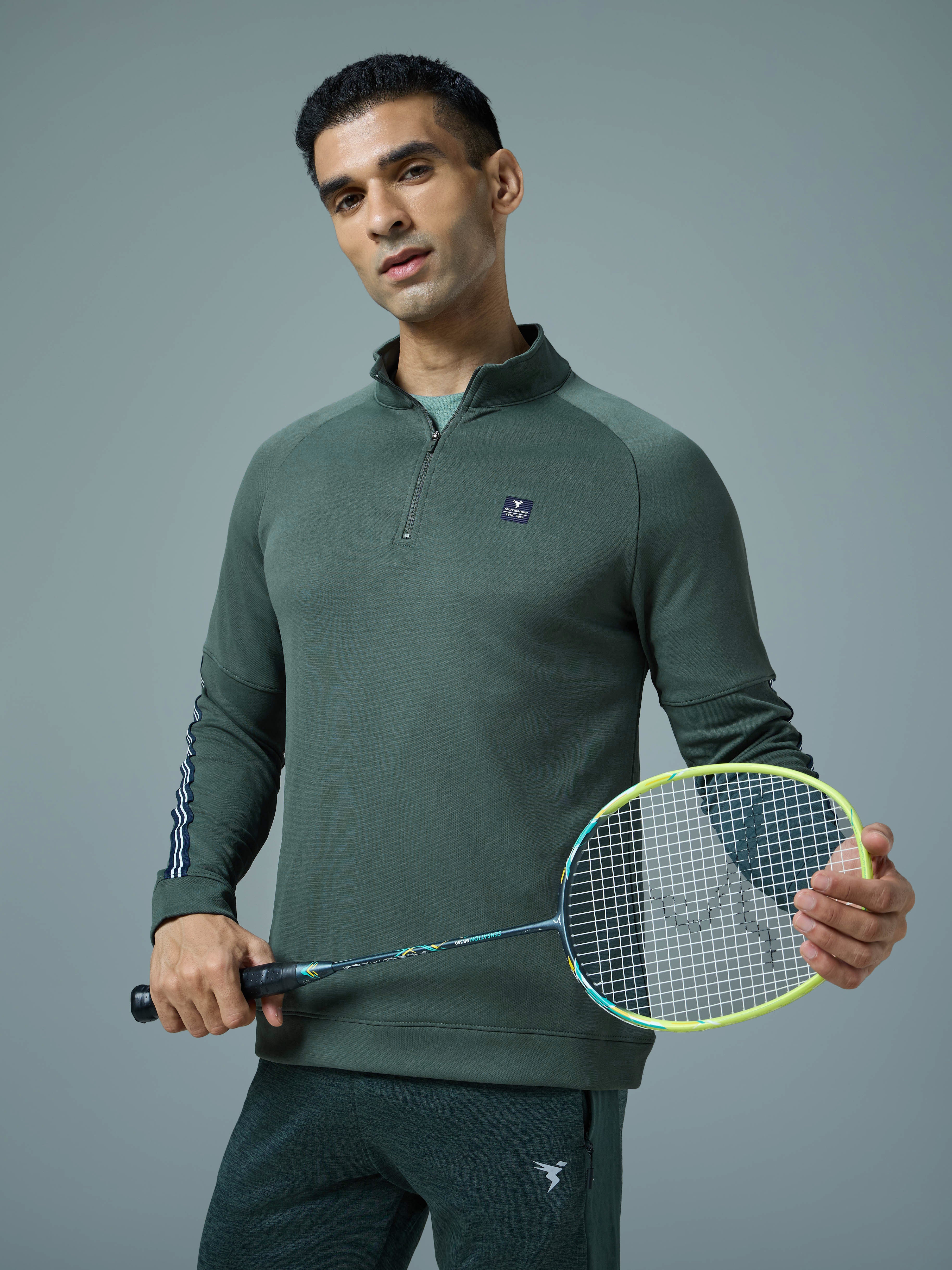 Men Solid Slim Fit Mock Neck Sweatshirt with ELASTO PLUS