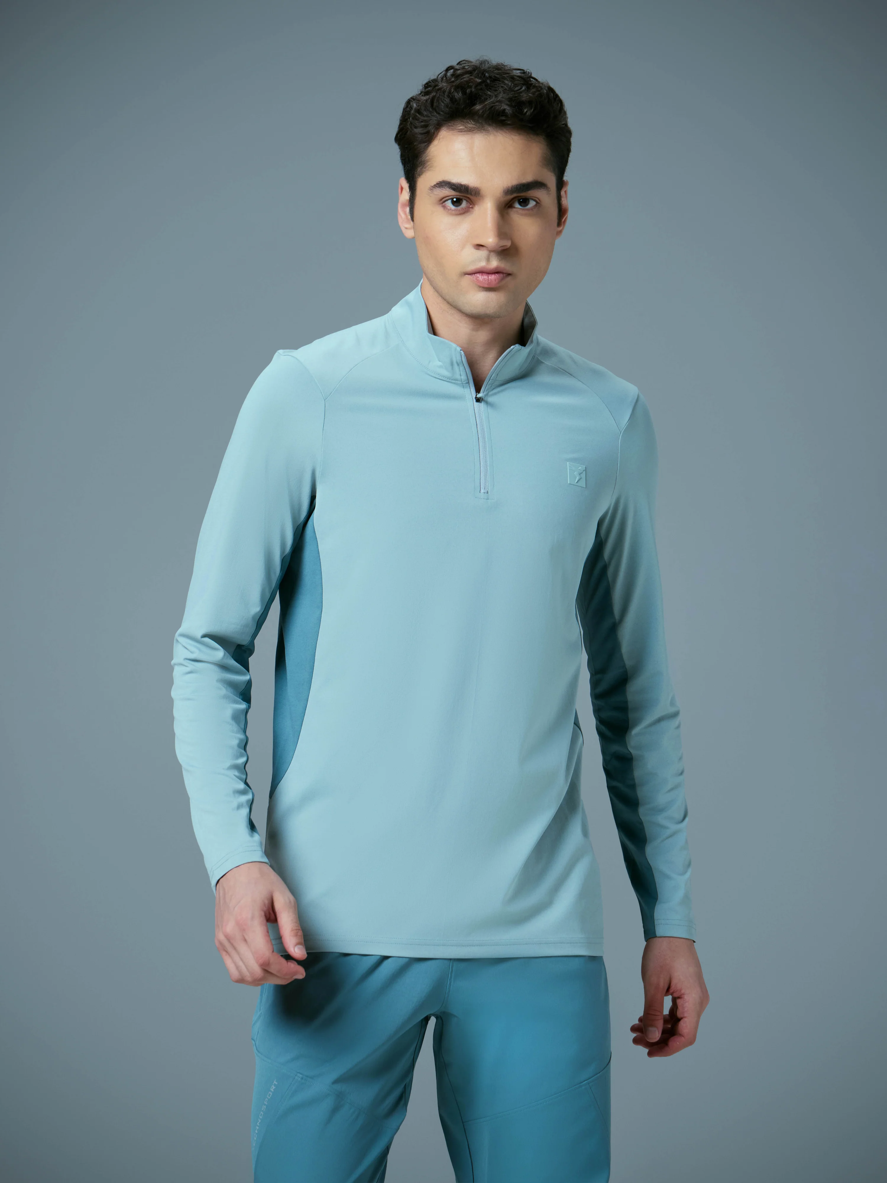 Men Colorblock Slim Fit Mock Neck Sports T-shirt with COTFLEX - Image 2