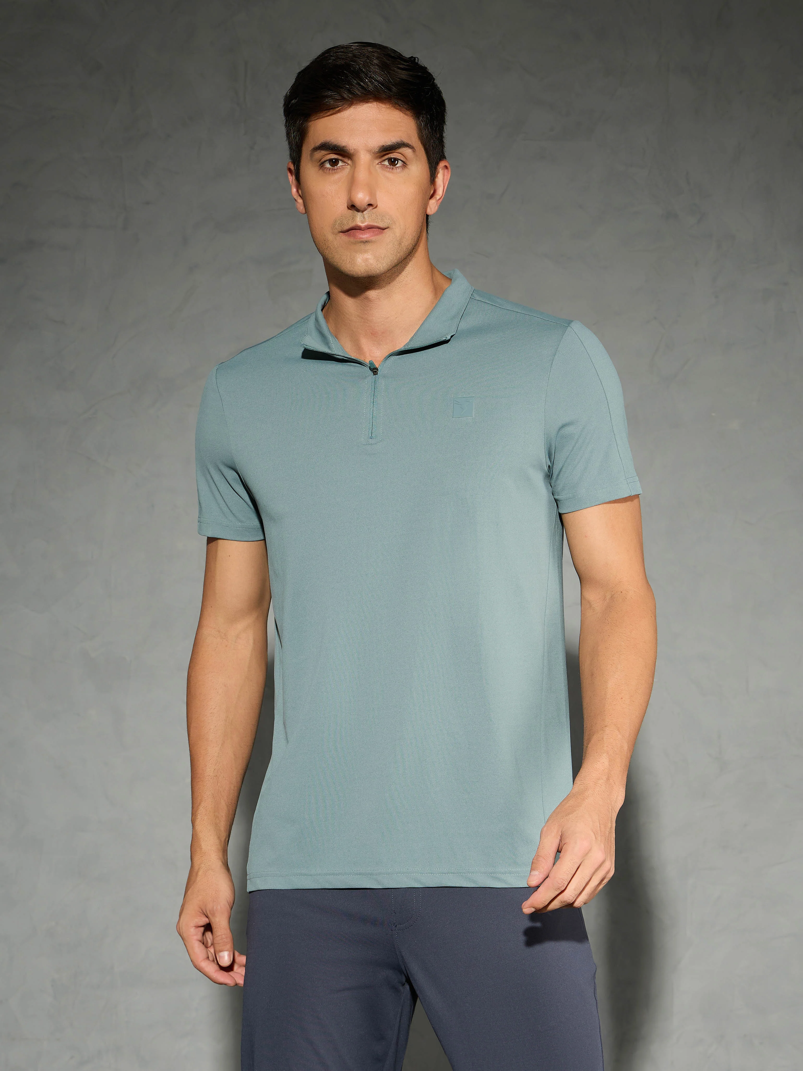 Men Solid Slim Fit Mock Neck T-shirt with COTFLEX - Image 2