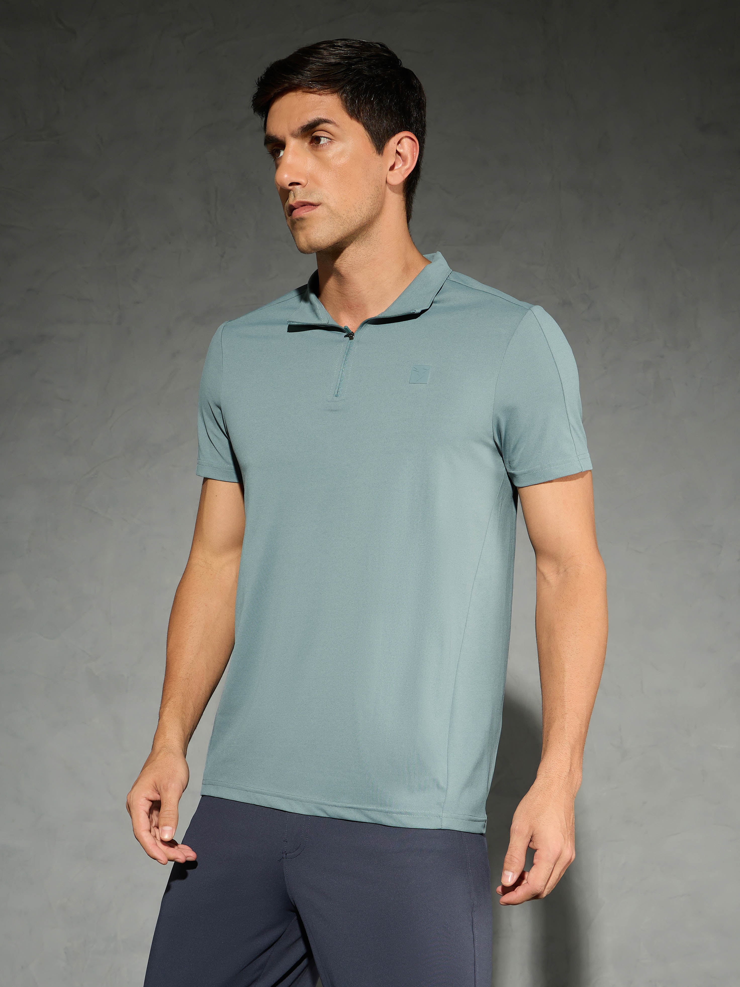 Men Solid Slim Fit Mock Neck T-shirt with COTFLEX - Image 4