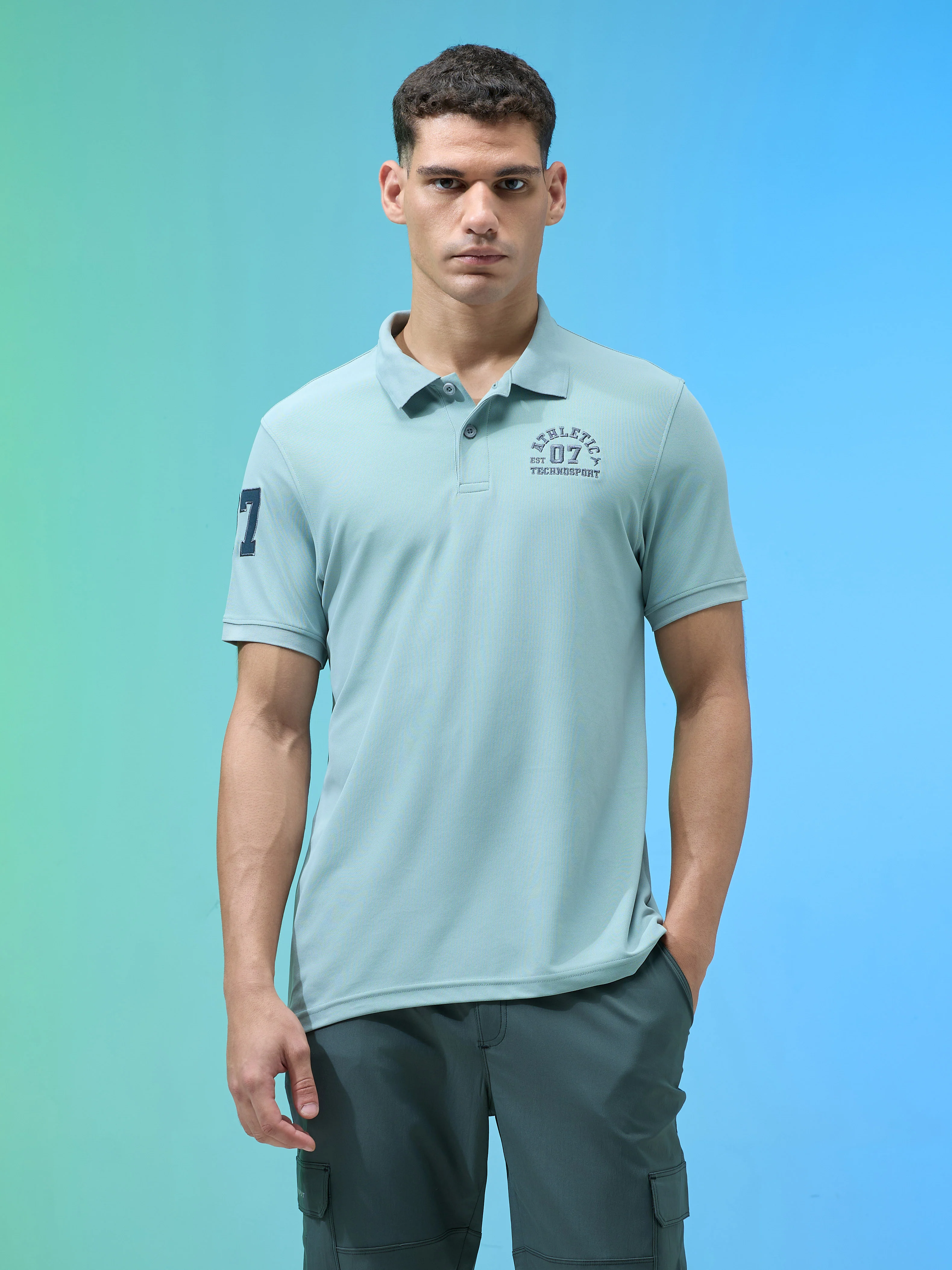 Men Solid Slim Fit Polo Sports T-shirt with MATPIQ - Image 2