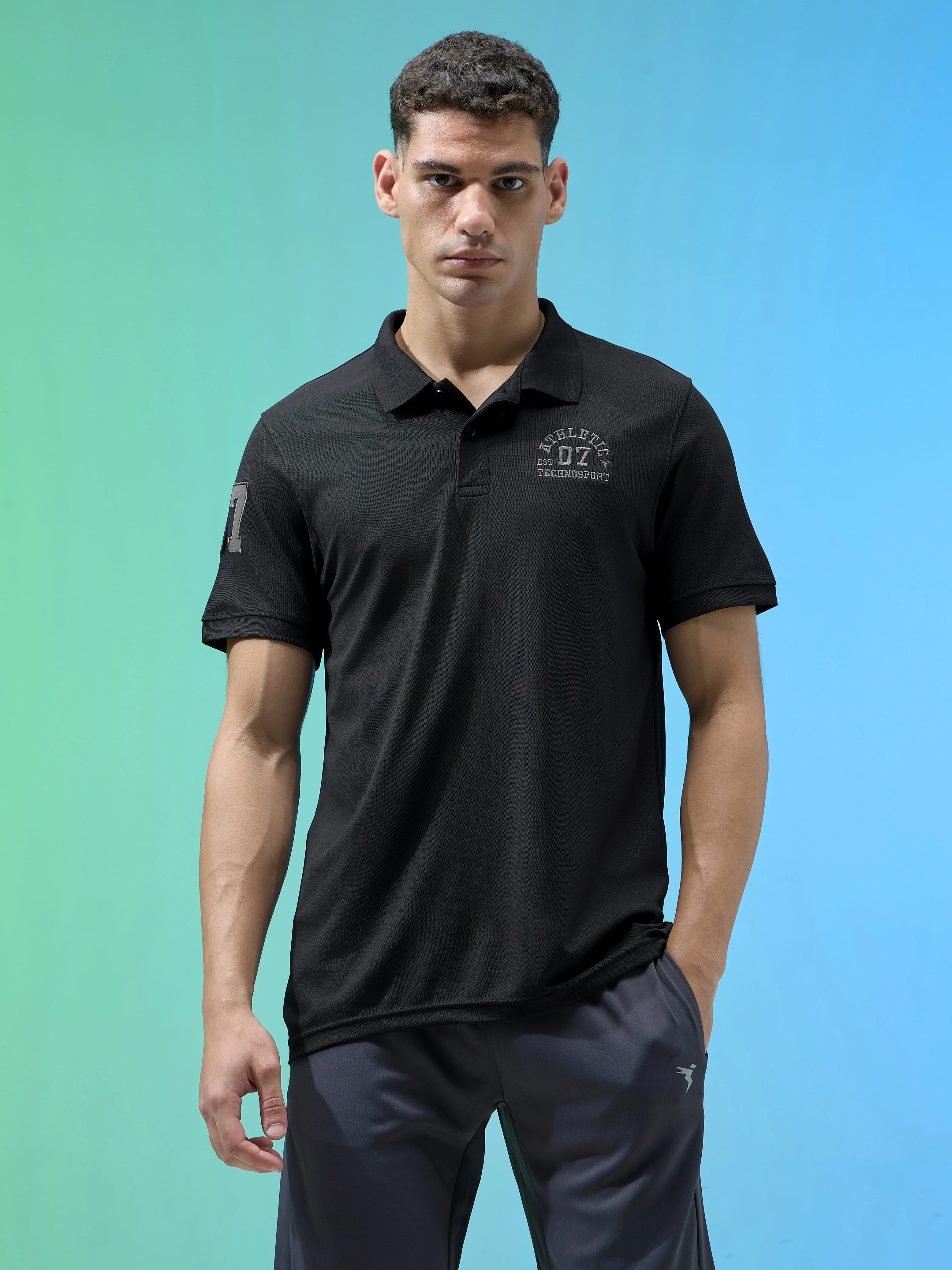 Men Solid Slim Fit Polo Sports T-shirt with MATPIQ - Image 2