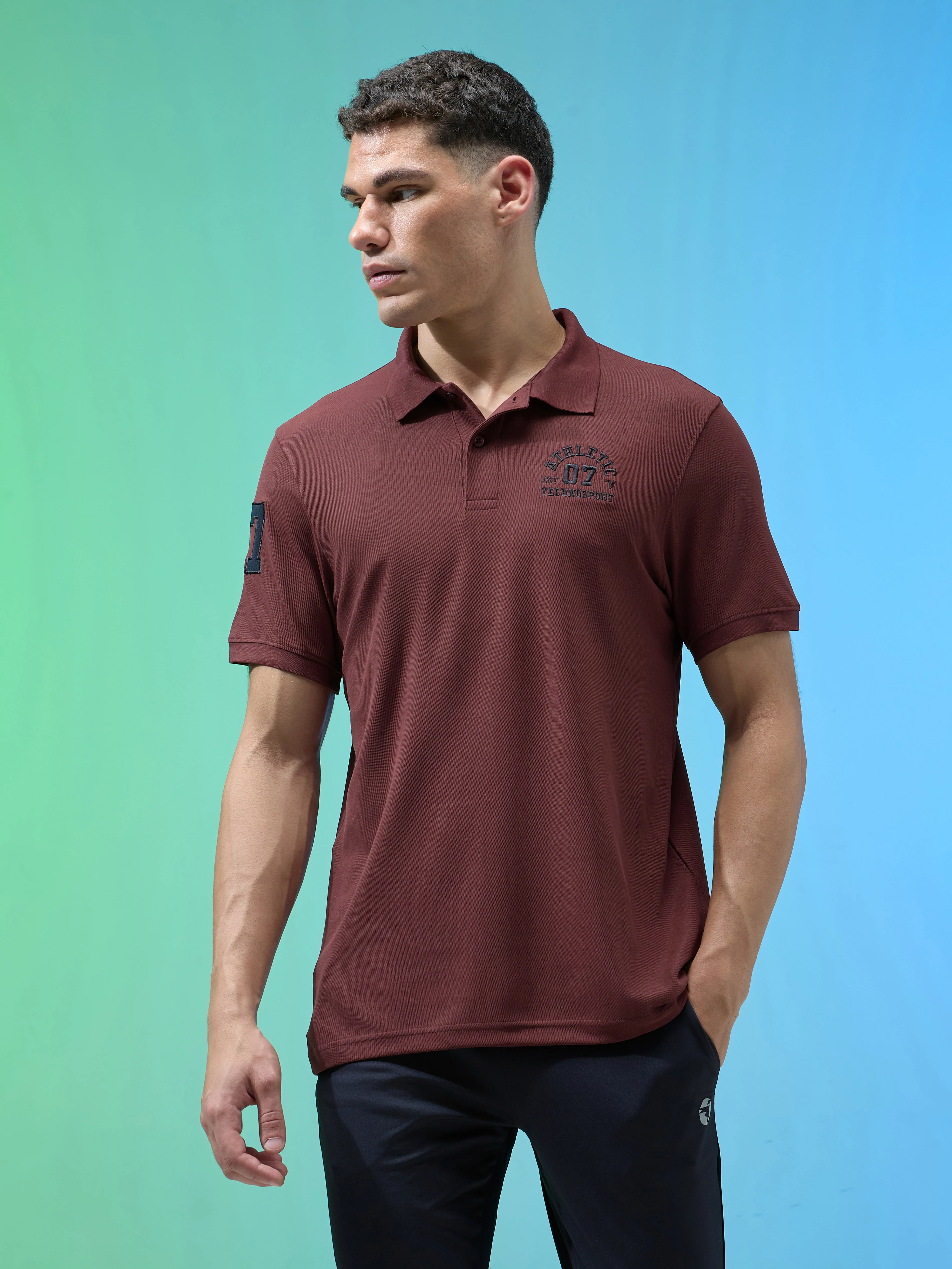 Men Solid Slim Fit Polo Sports T-shirt with MATPIQ - Image 2