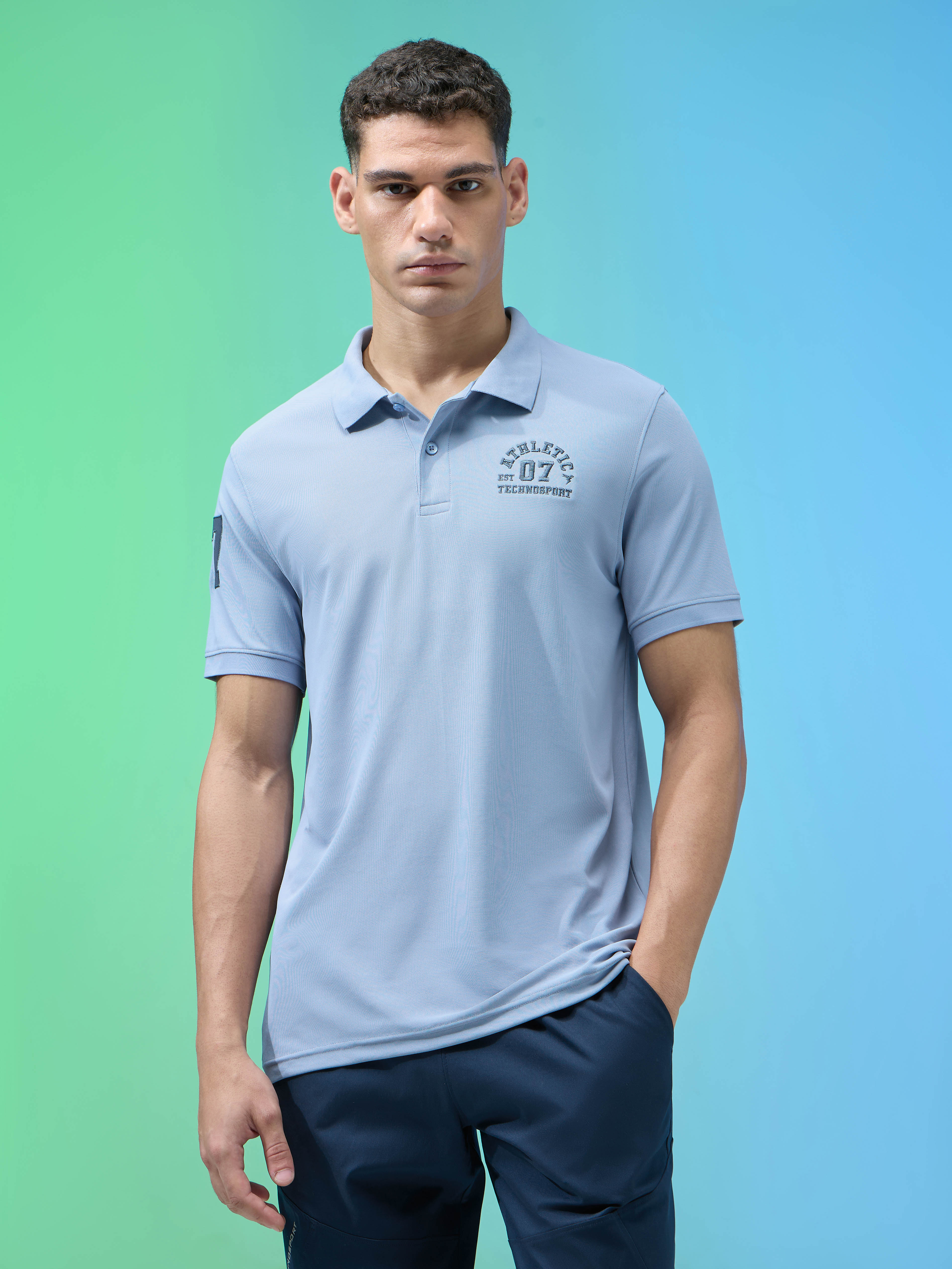 Men Solid Slim Fit Polo Sports T-shirt with MATPIQ - Image 2