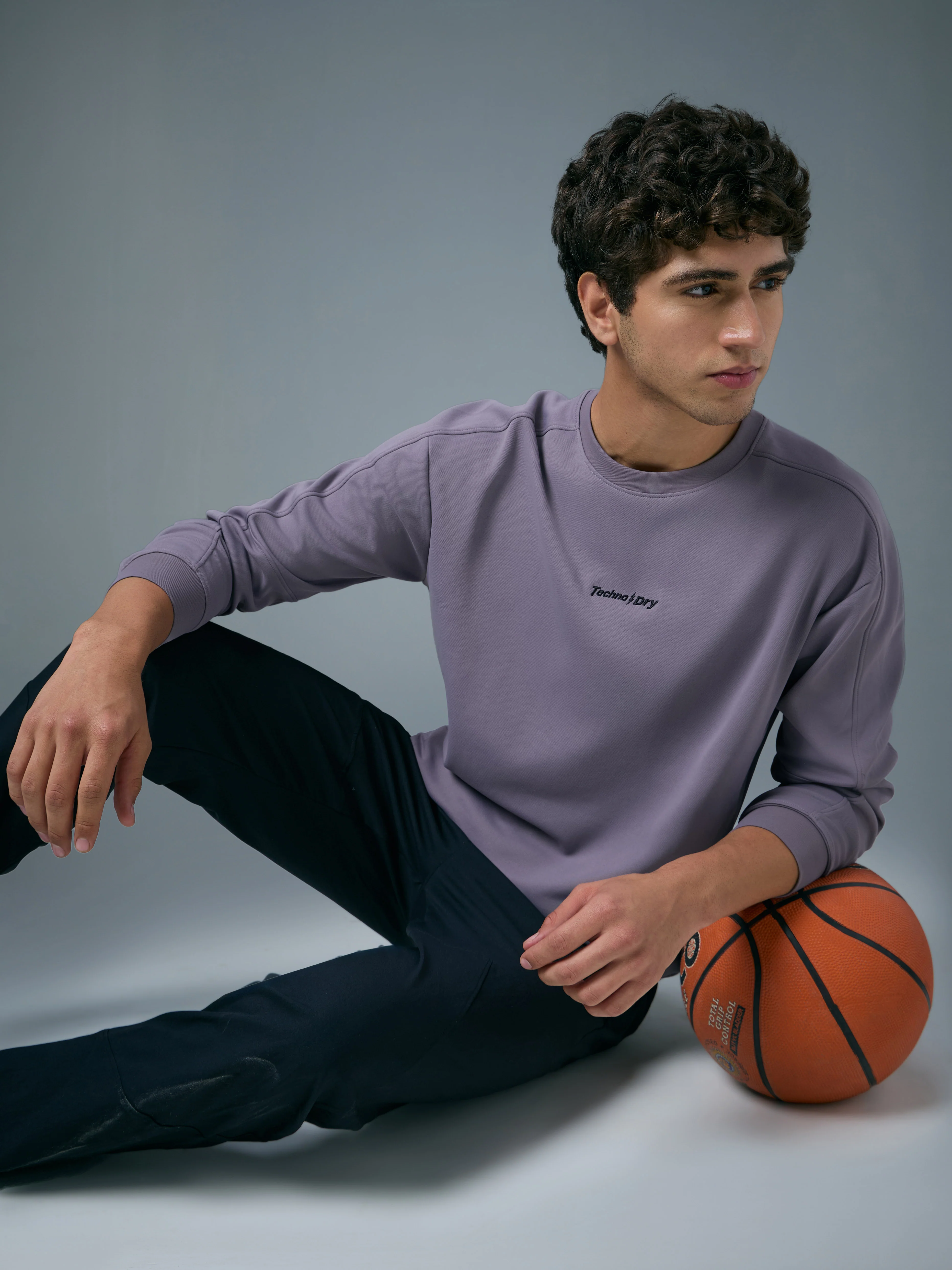 Men Solid Slim Fit Round Neck Sports Sweatshirt with ELASTOPLUS