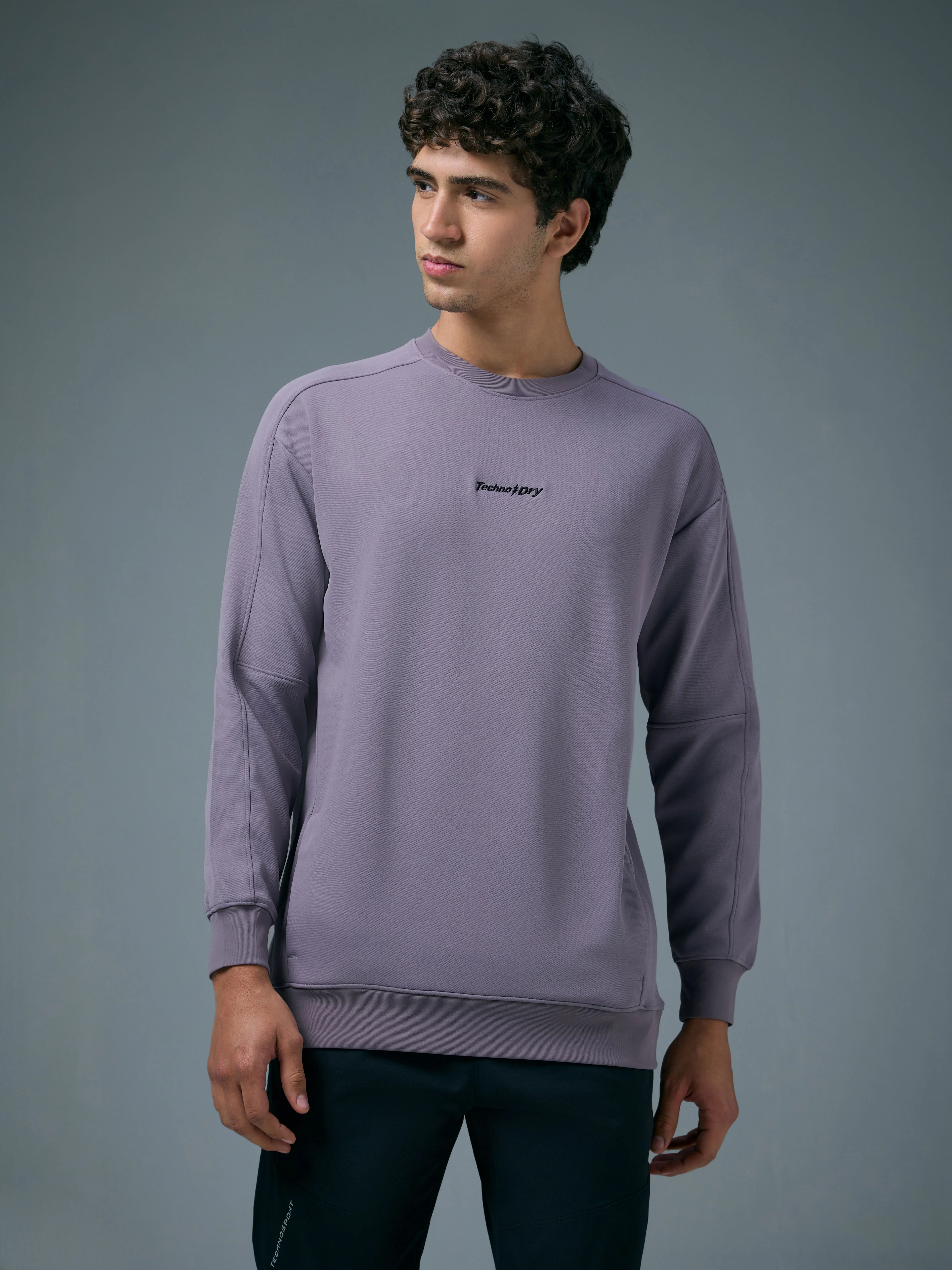 Men Solid Slim Fit Round Neck Sports Sweatshirt with ELASTOPLUS - Image 2