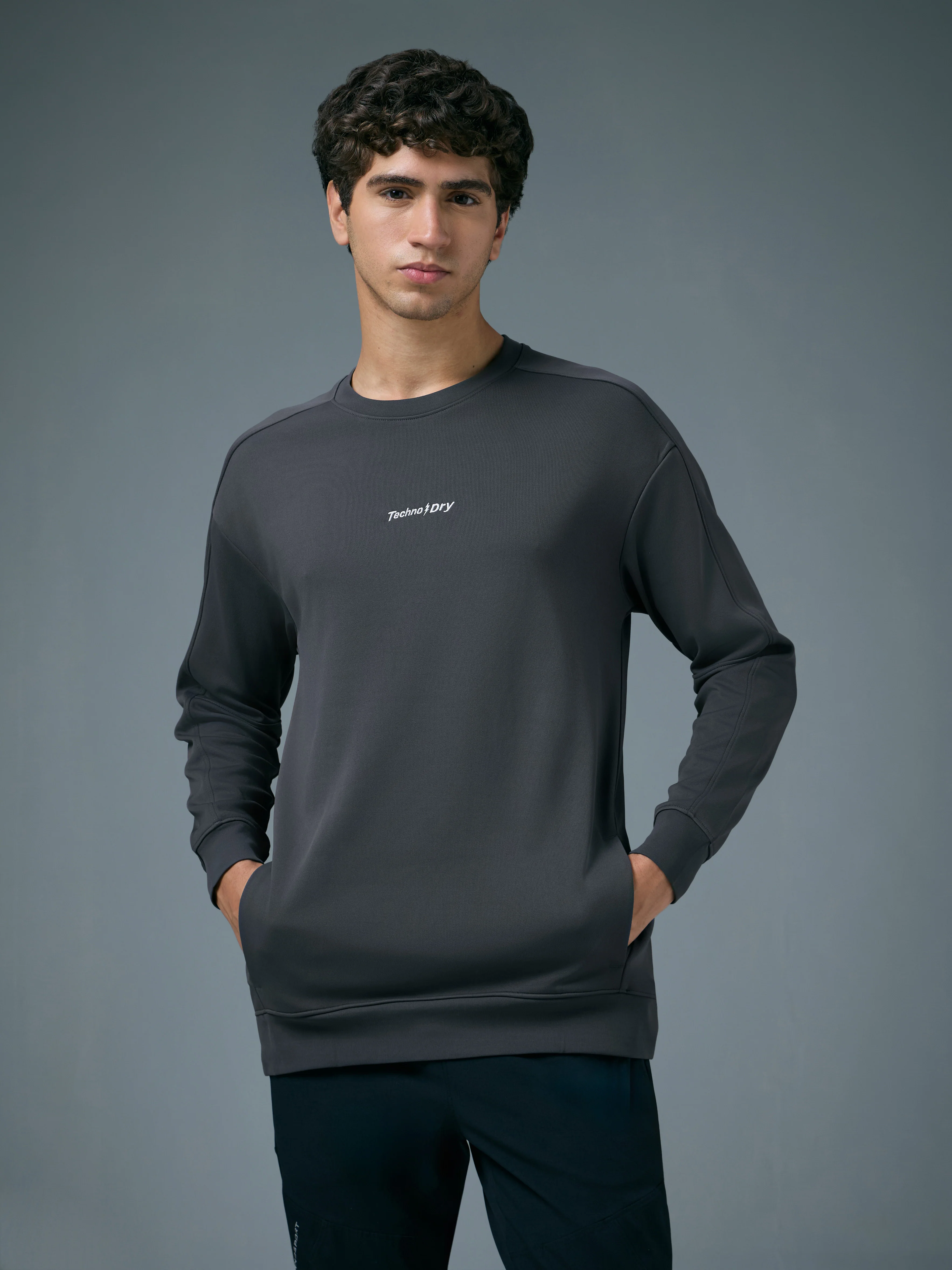 Men Solid Slim Fit Round Neck Sports Sweatshirt with ELASTOPLUS - Image 2