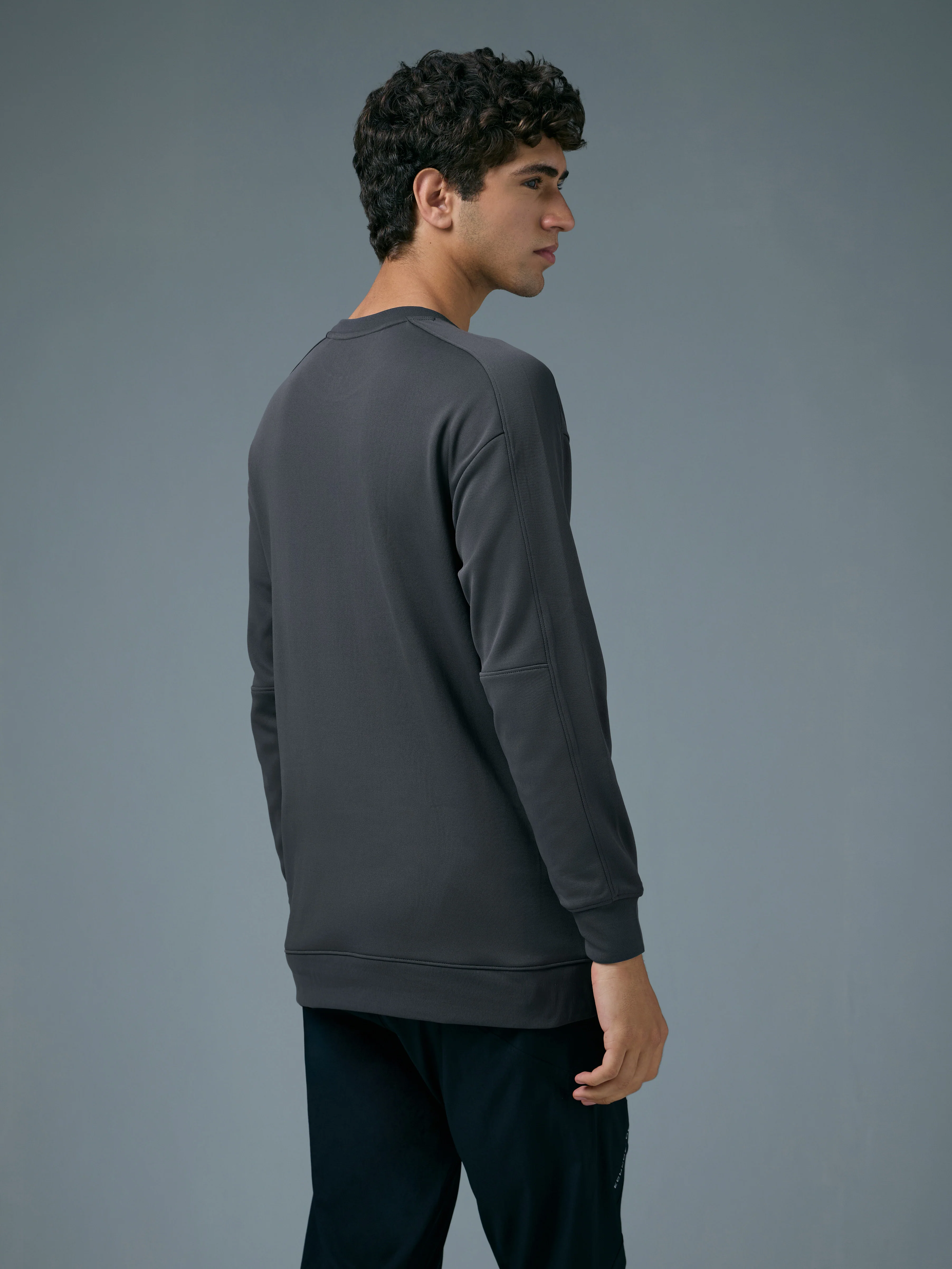 Men Solid Slim Fit Round Neck Sports Sweatshirt with ELASTOPLUS - Image 3