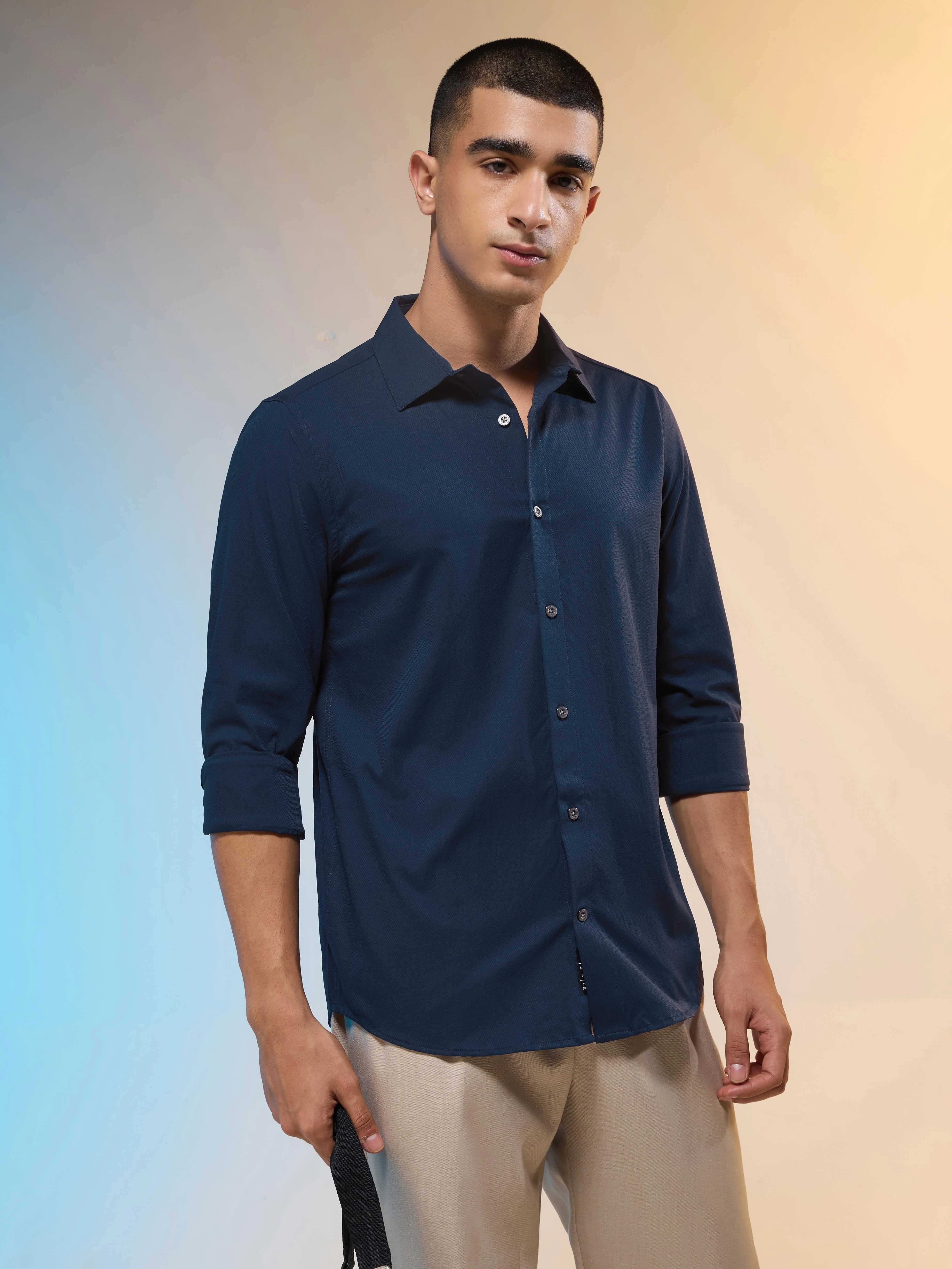 Men Solid Slim Fit Spread Collar Shirt with TS LYTRA - Image 2