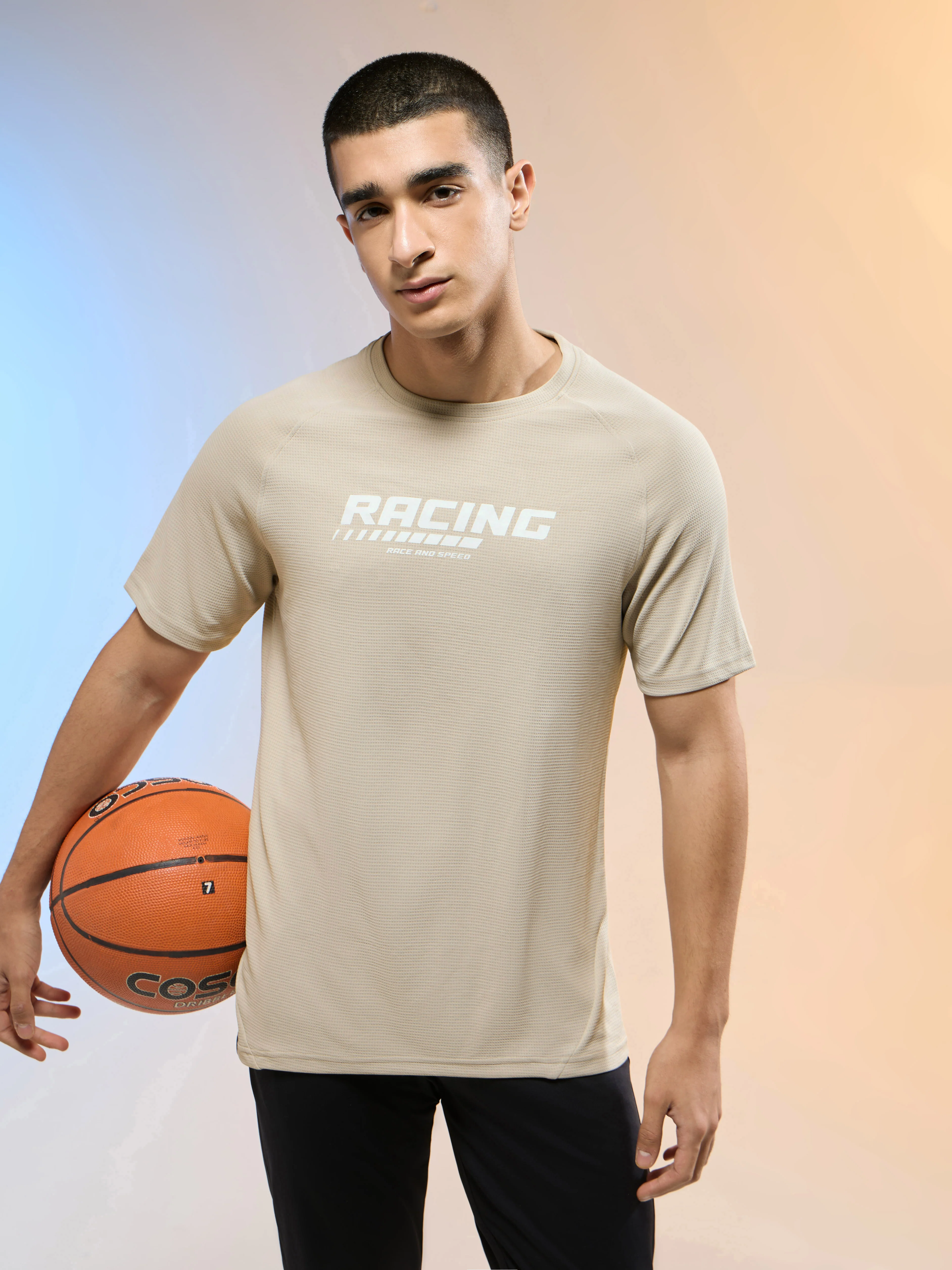 Men Typography Printed Slim Fit Round Neck Sports T-shirt with TECHNOCOOL+